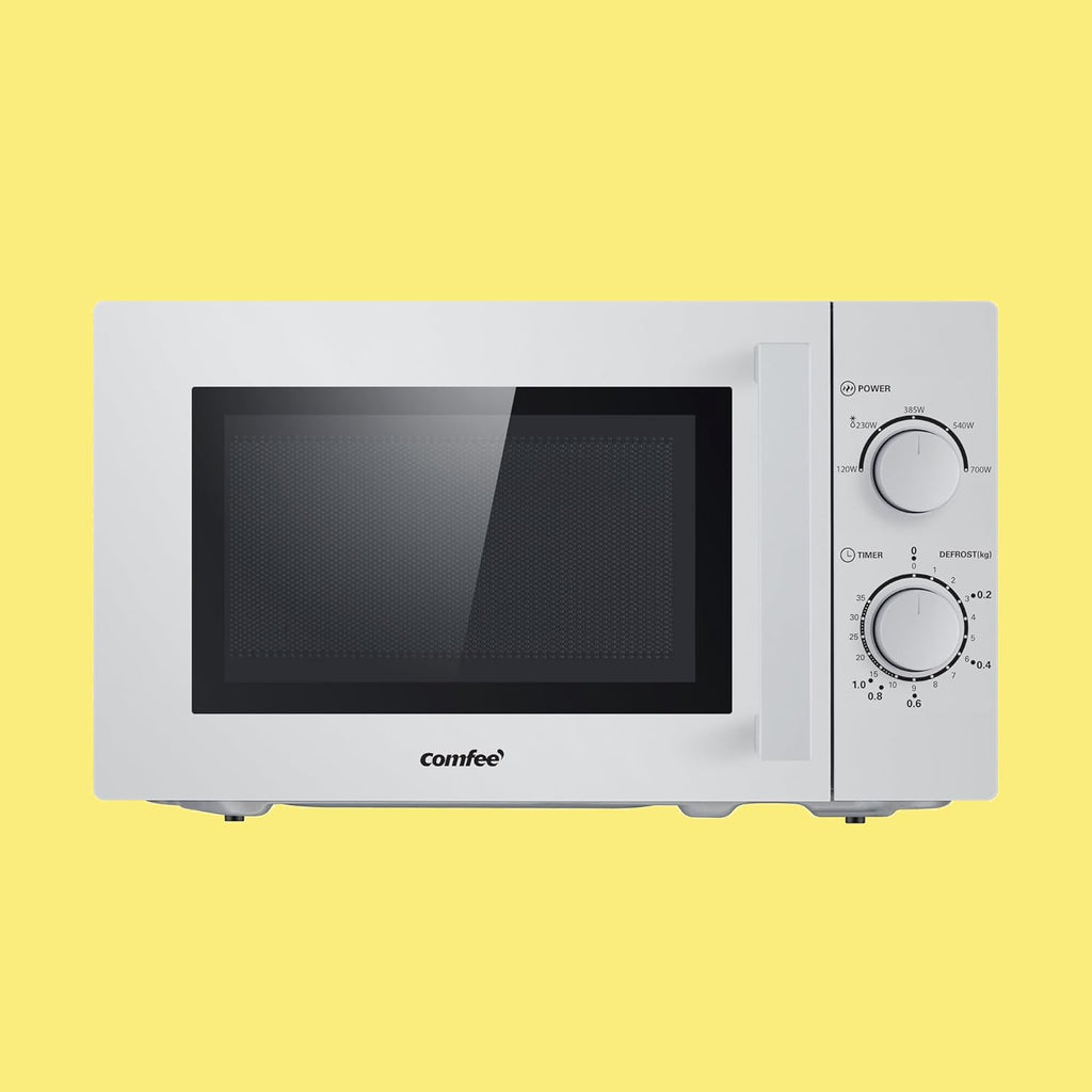 Comfee CMSN 20 wh Microonde/Solo microonde con 5 livelli di potenza/Illuminazione interna/Funzione di scongelamento facile/Piatto girevole a 360°/Due manopole rotanti/20L/700W/Bianco, Meccanico