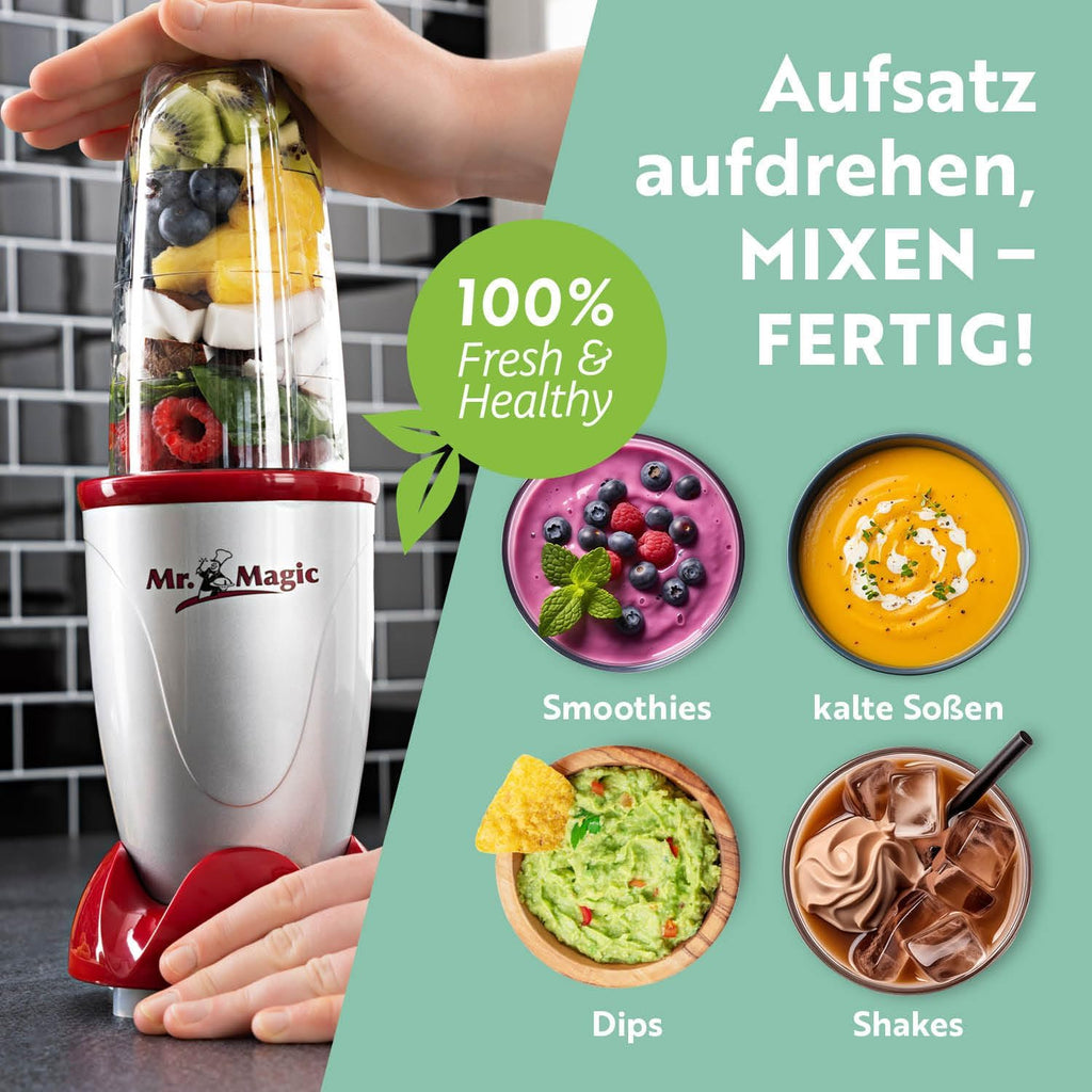 GOURMETmaxx Frullatore per Smoothie e Frullatore a Immersione Set da 18 pezzi - 400W | Frullatore Elettrico da 750ml, Mixer con 4 Bicchiere To-Go, 2 Lame, Spremiagrumi, Piedistallo e Coperchio | Lavabile in Lavastoviglie, a Prova di Perdite e Senza BPA