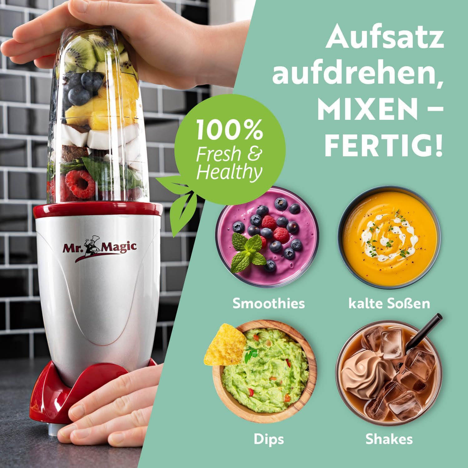 GOURMETmaxx Frullatore per Smoothie e Frullatore a Immersione Set da 18 pezzi - 400W | Frullatore Elettrico da 750ml, Mixer con 4 Bicchiere To-Go, 2 Lame, Spremiagrumi, Piedistallo e Coperchio | Lavabile in Lavastoviglie, a Prova di Perdite e Senza BPA