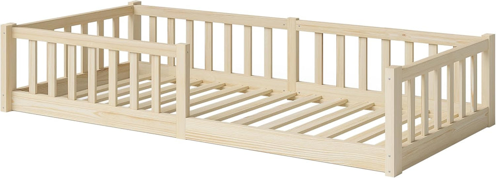 Bellabino Vere Letto a Pavimento 140x200 Montessori, Letto Matrimoniale con Protezione Anticaduta e Rete a Doghe, Letto per Bambini e Bambine in Legno Massello di Pino Bianco con Sbarre