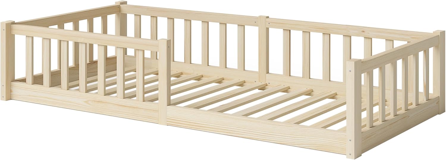 Bellabino Vere Letto a Pavimento 140x200 Montessori, Letto Matrimoniale con Protezione Anticaduta e Rete a Doghe, Letto per Bambini e Bambine in Legno Massello di Pino Bianco con Sbarre