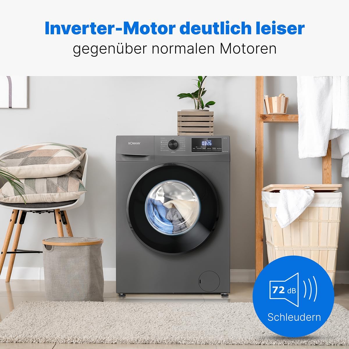Bomann® Lavatrice 8kg | max. 1400 giri/min | 10 anni di garanzia sul motore | motore inverter robusto, silenzioso e durevole | 15 programmi di lavaggio | display LED | con funzione vapore | WA 7185 Titan - Nero