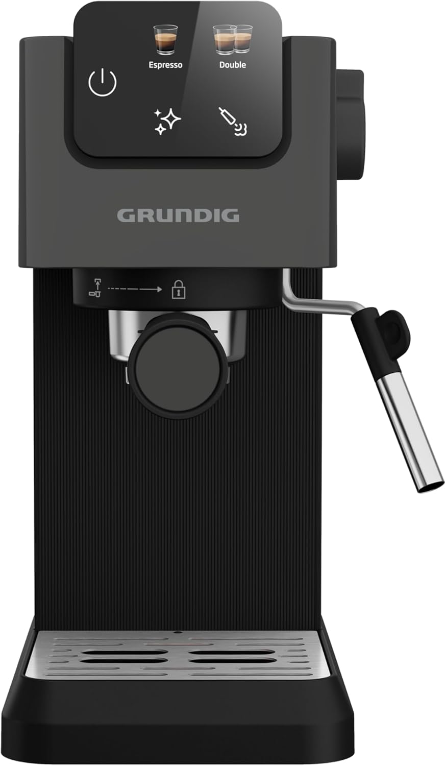 GRUNDIG KSM 5330 Macchina da caffè con portafiltro e contenitore per il latte integrato, 1628 W di potenza, 15 bar di pressione della pompa, ugello doppio, display touch a colori, BrewSense, CreamyPro, Inox scuro/Nero