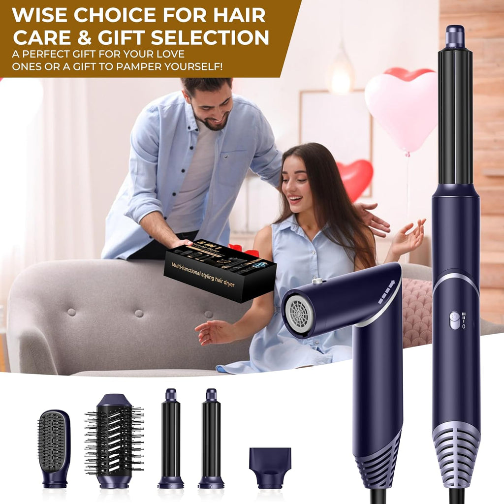 UKLISS 7 in 1 Pro Airstyler & Ionen Föhn [110,000RPM] High-speed Haartrockner Ionen Hair Dryer, mit Heißluft Lockenwickler Thermal Brush Haarglätterbürste Warmluftbürste Föhnbürste, 1200W/Blau