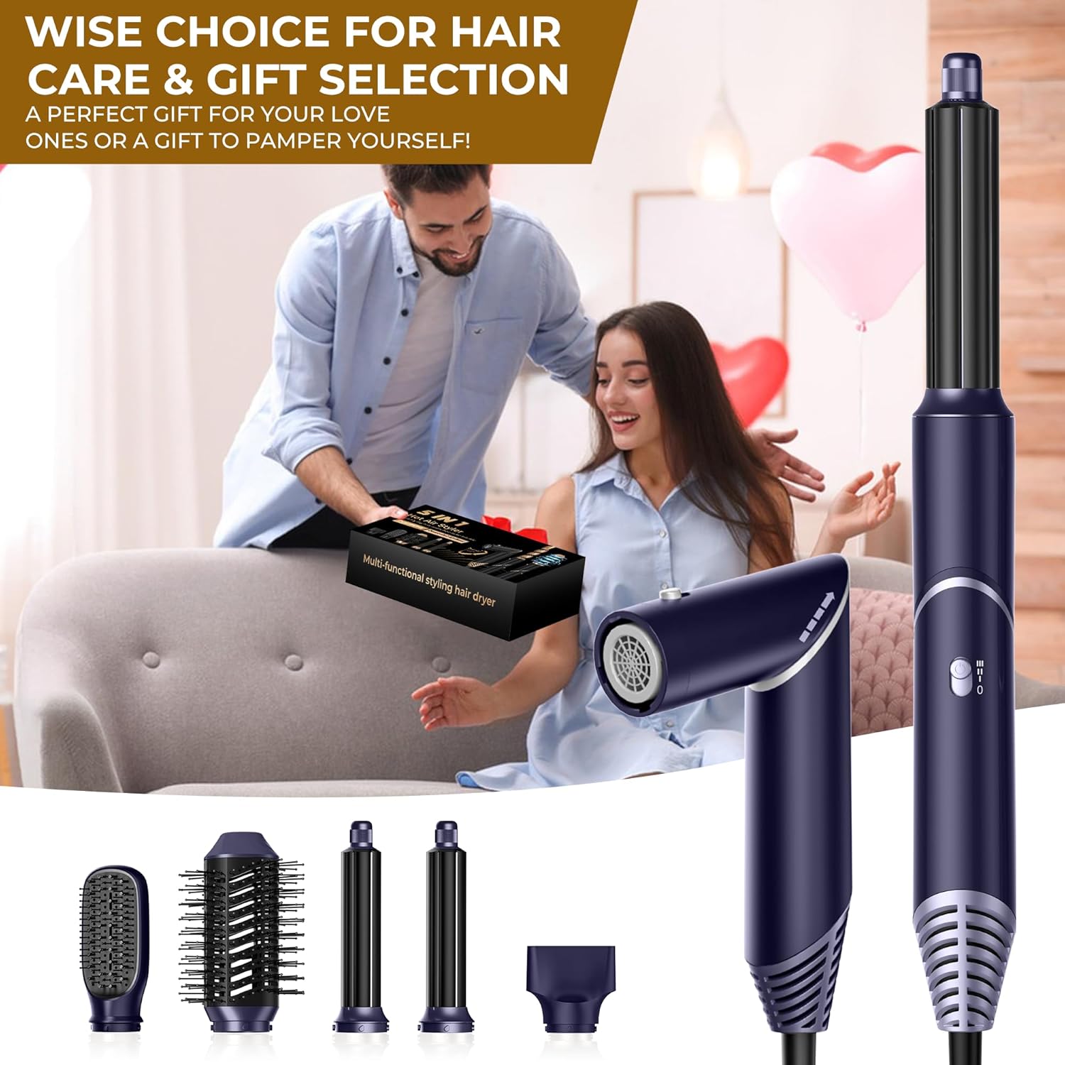 UKLISS 7 in 1 Pro Airstyler & Ionen Föhn [110,000RPM] High-speed Haartrockner Ionen Hair Dryer, mit Heißluft Lockenwickler Thermal Brush Haarglätterbürste Warmluftbürste Föhnbürste, 1200W/Blau