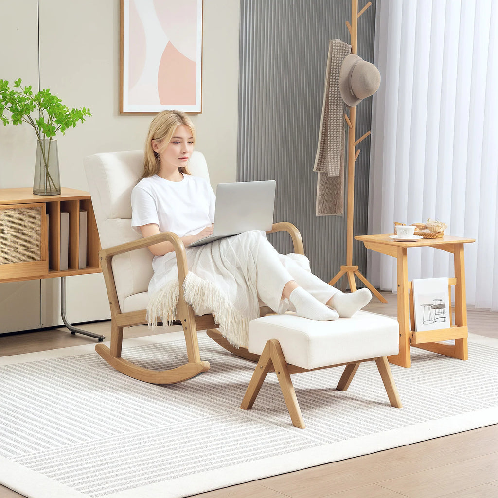 HOMCOM Poltrona a dondolo con pouf, dondolio rilassante, bianco crema