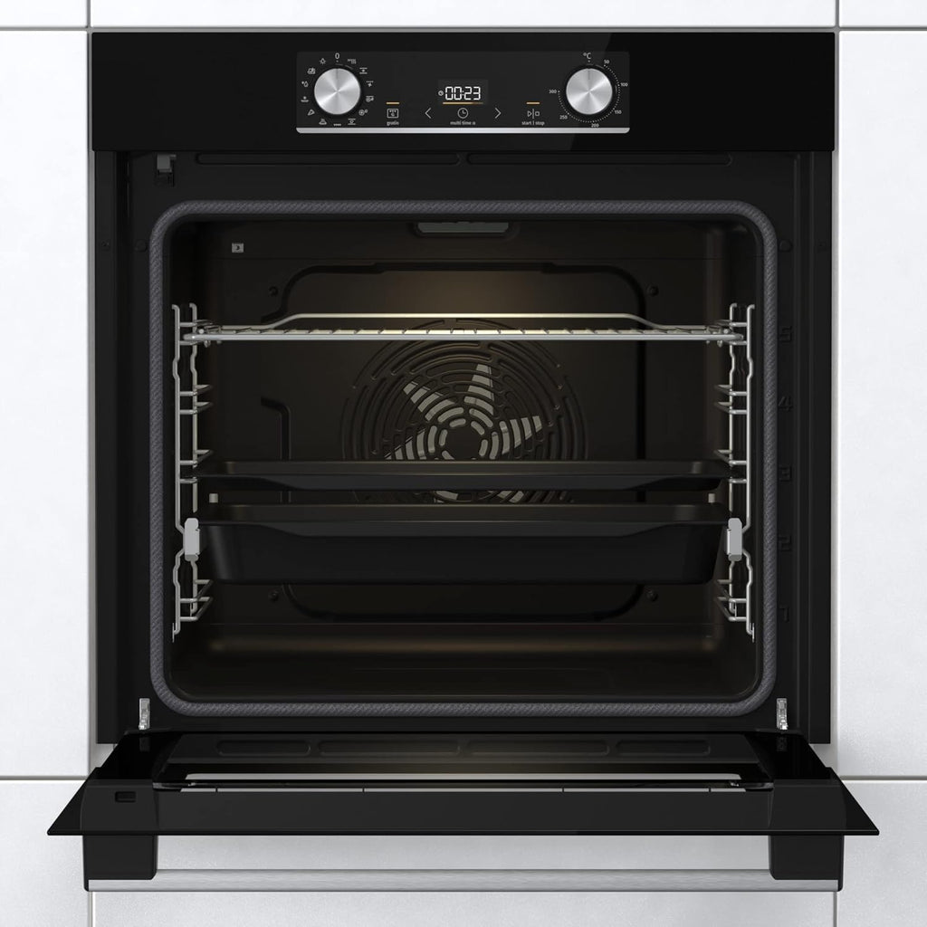 Gorenje 738971 Einbaubackofen-Set OptiBake Black Steam Pyro Set / 77L / Heißluft/Pyrolyse/ExtraSteam/GentleClose/AirFry/Pizzamode 300°C/PerfectGrill/Induktions-Kochfeld mit BridgeZone/schwarz