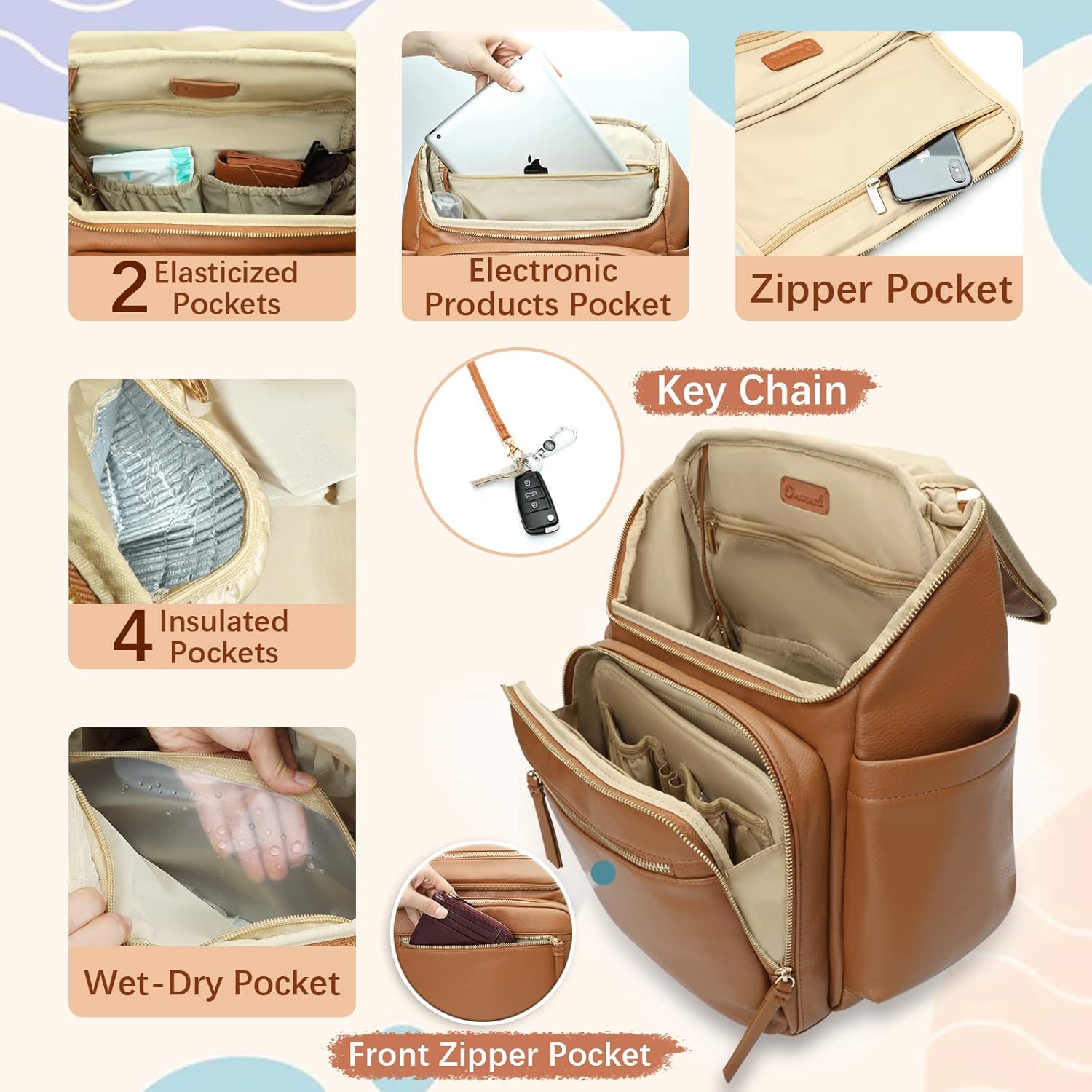 Borsa Fasciatoio Omanmoli, Zaino Grande in Pelle, con 17 Tasche Fasciatoio, Fasciatoio, Cinghie per Passeggino, 4 Tasche Isolate, Marrone
