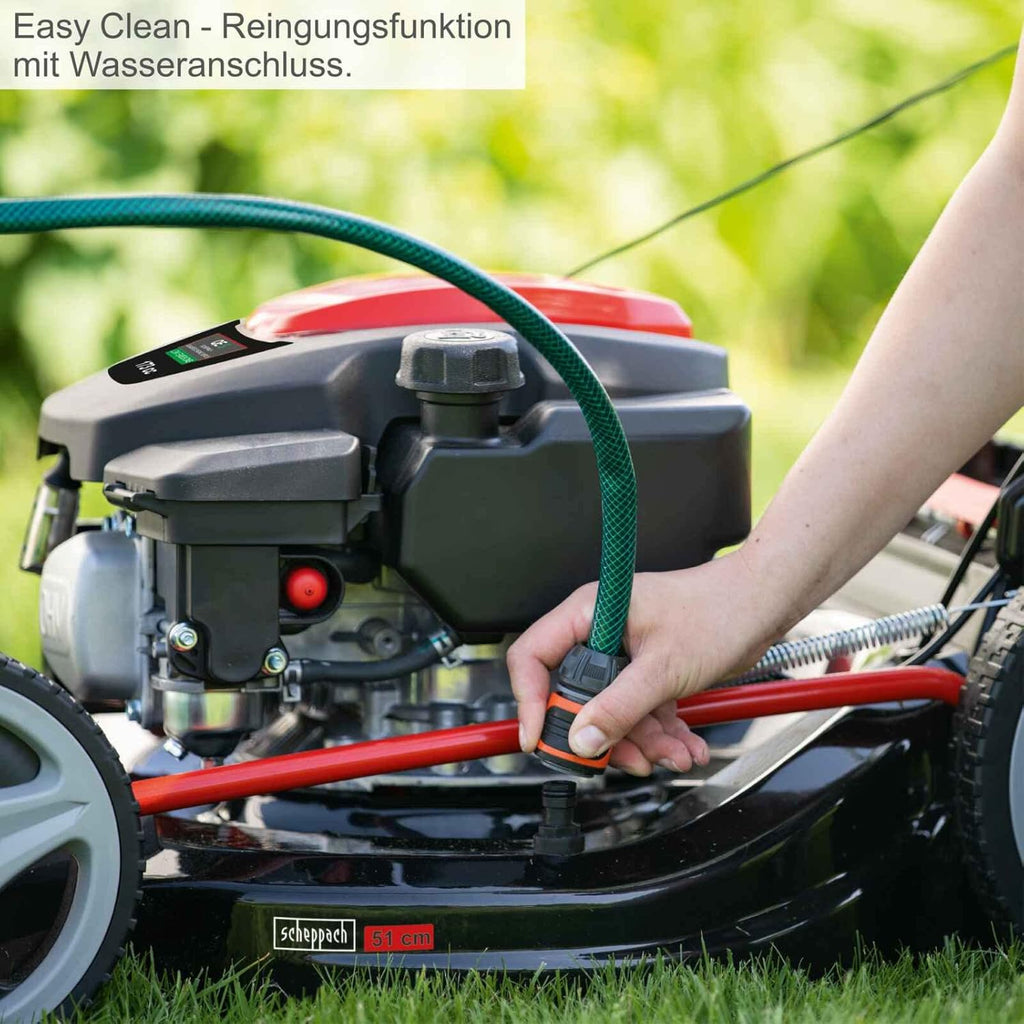 Scheppach MS161-46 Tosaerba a benzina - Larghezza di taglio 46 cm | Sacco di raccolta da 55 litri | Telaio in acciaio | Regolazione altezza a 7 livelli | Funzione mulching | Trazione | Scarico laterale | incl. olio motore