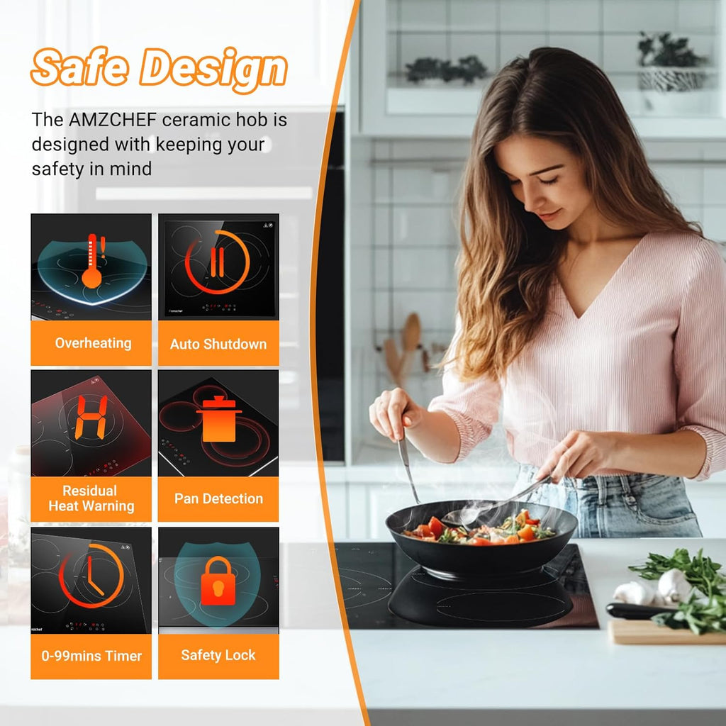 AMZCHEF Induktionskochfeld 60cm mit Zwei Flexzonen, 4 Zonen Induktionskochplatte mit Boost-Funktion und 9 Leistungsstufen, Touch-Bedienung, Timer, Sicherheitsschloss, Überhitzungsschutz, BBQ, 7200W