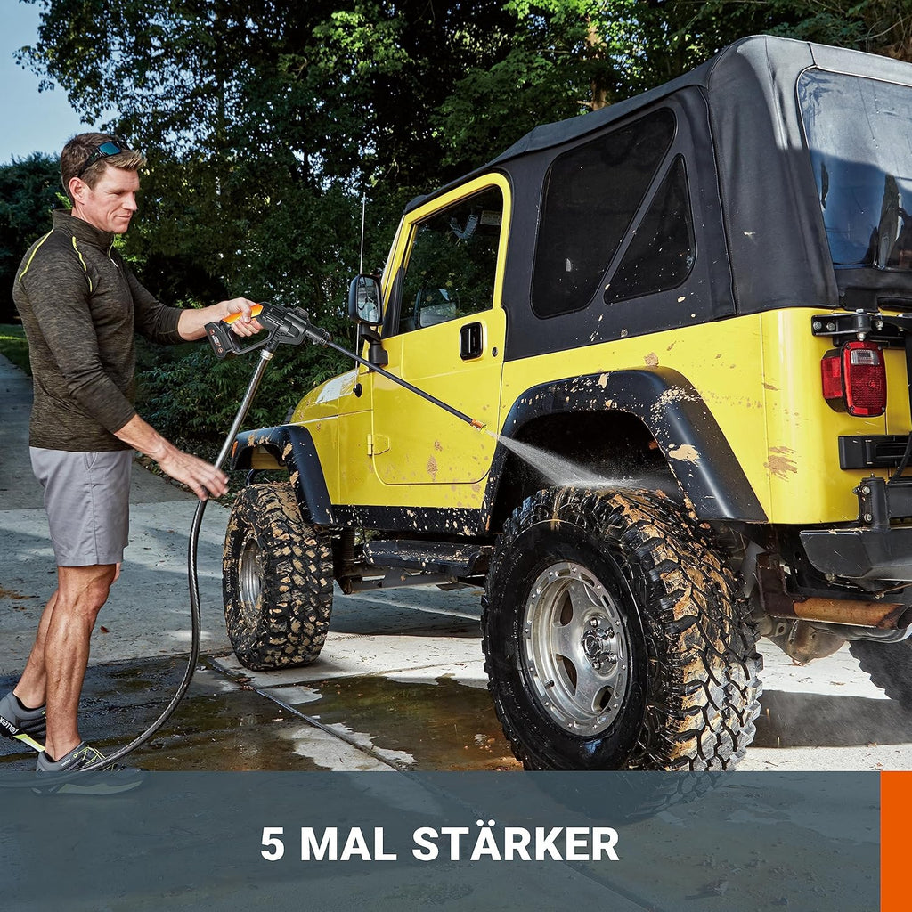WORX WG620E.2 Akku Hochdruckreiniger Hydroshot 20V – Mobiler Hochdruckreiniger inkl. Multi-Sprühdüse, Waschbürste, Schaumdüse, Flaschenadapter, 6m Schlauch, Ladegerät & 20V Li-Ion Akku
