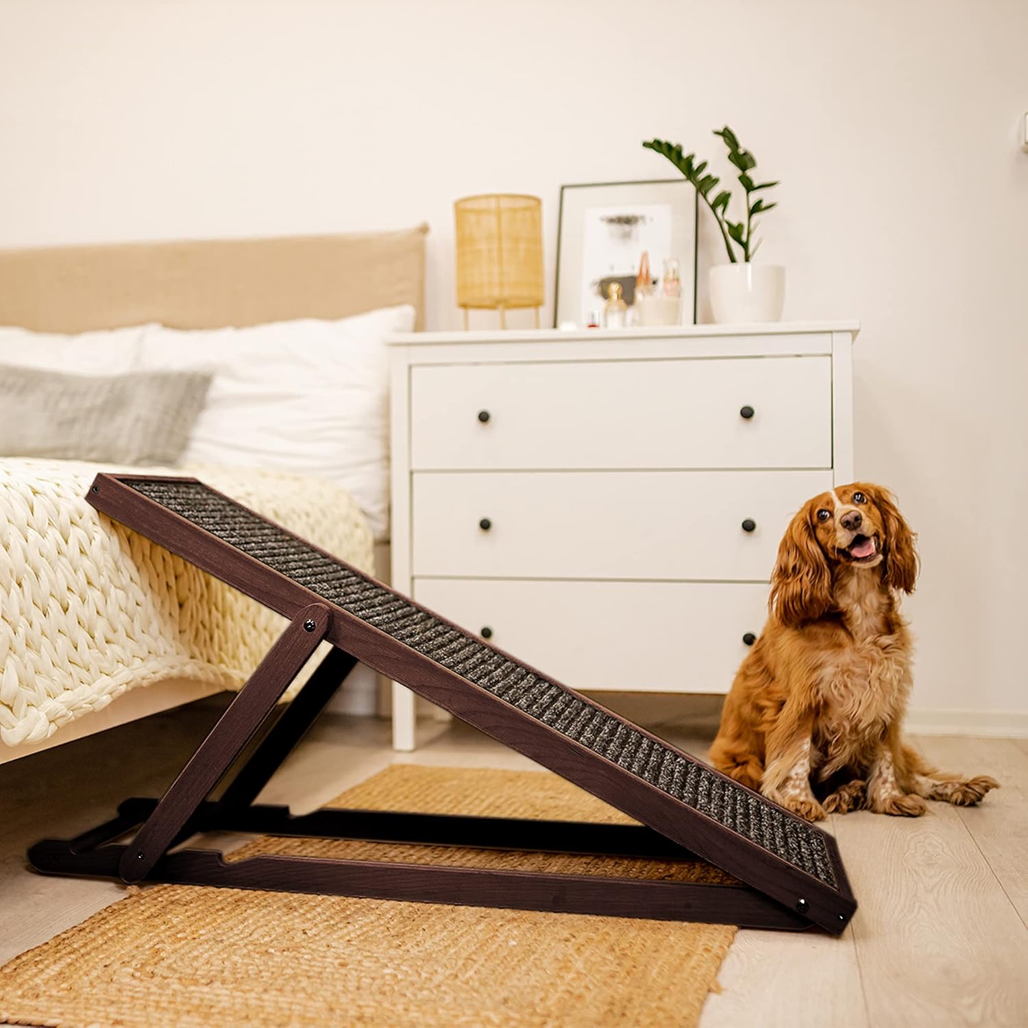 Holtaz Rampa per Cani Rampa per Gatti Scaletta per Cani per Letto o Divano Pieghevole in Legno Petwalk Scala per Cani Rampa di Carico per Animali Domestici con Inserto Antiscivolo Naturale