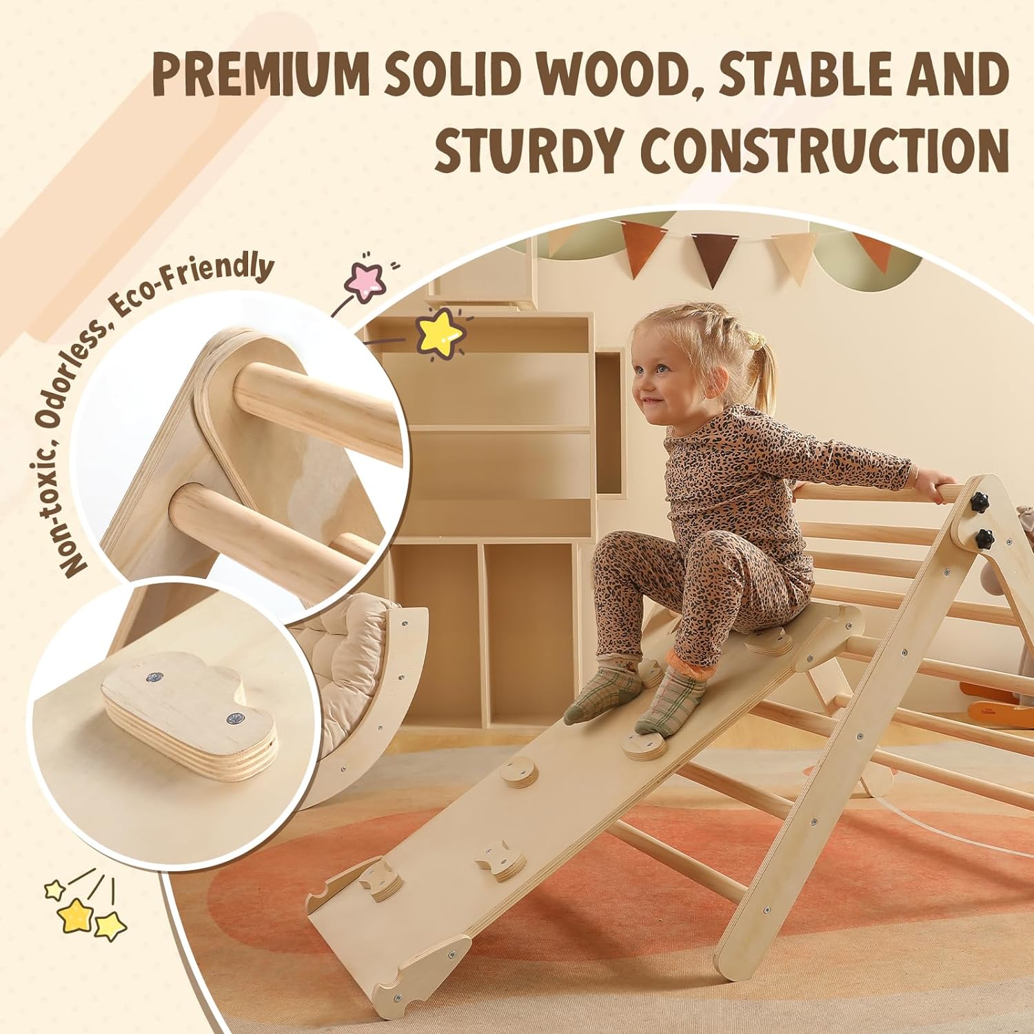 Set di triangoli con cuscino, set da arrampicata Montessori 5 in 1 pieghevole, set da arrampicata per interni per bambini, giocattolo da arrampicata in legno con rampa e arco da arrampicata per bambini (colore legno)