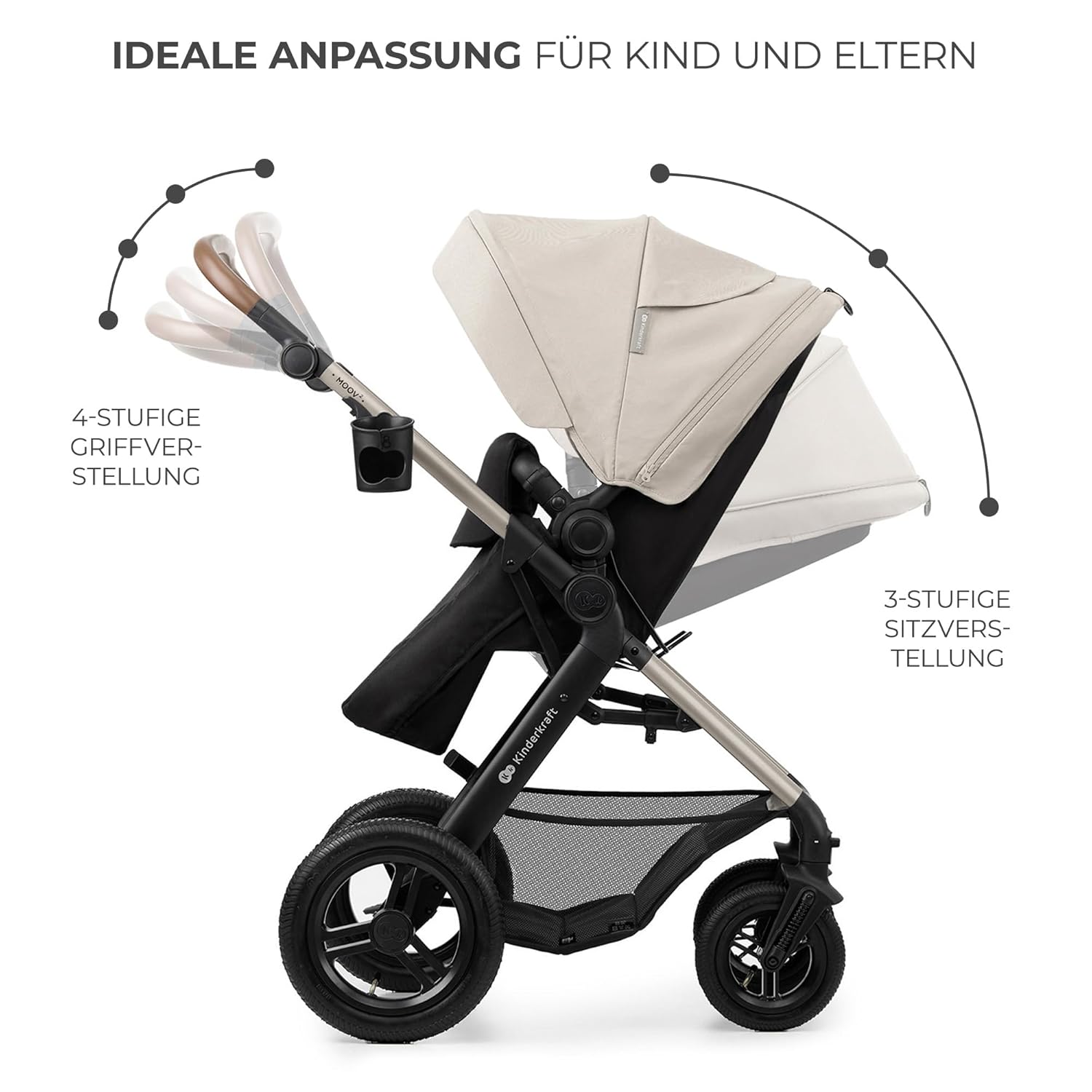 Kinderkraft MOOV2 AIR Passeggino 3 in 1, Set da 26 kg con seggiolino auto I-SIZE 40-75 cm, funzione passeggino, schienale reclinabile, ampia cappottina estensibile, ruote gonfiabili, grigio