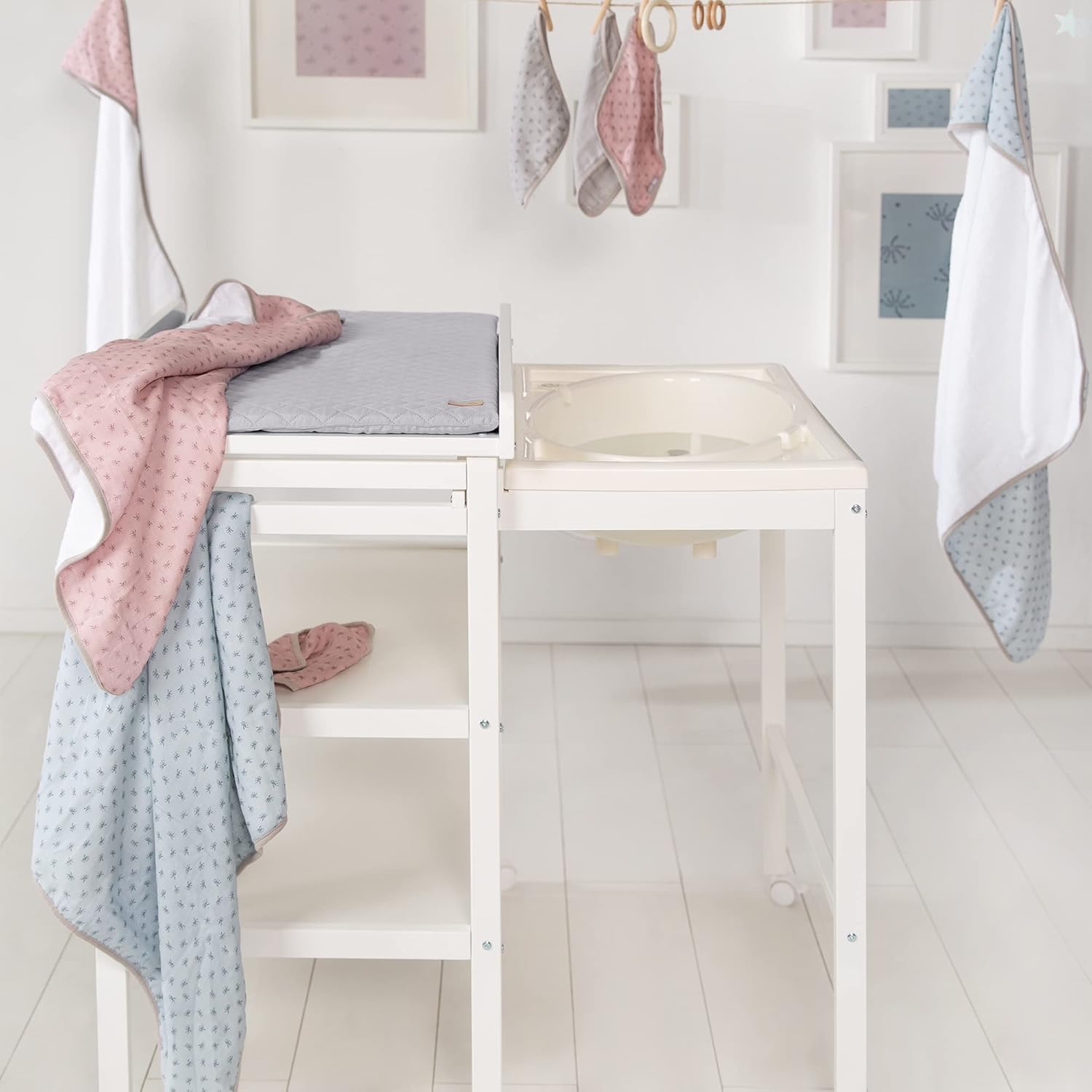 roba Fasciatoio da Bagno Combinato + Materassino Fasciatoio Style grigio - Fasciatoio Mobile Combinato con Vasca Integrata - con piano fasciatoio estraibile - Legno bianco