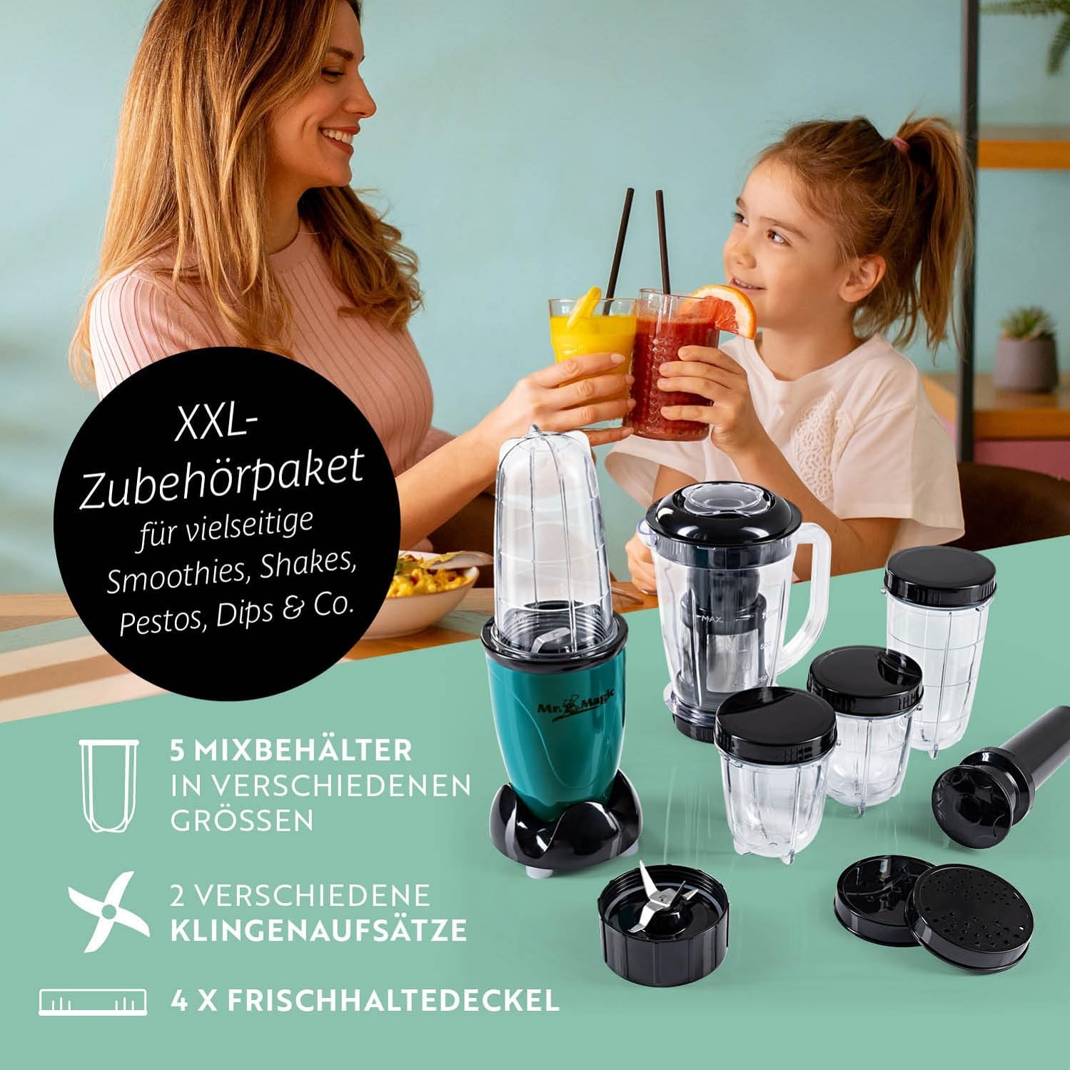 GOURMETmaxx Frullatore per Smoothie e Frullatore a Immersione Set da 18 pezzi - 400W | Frullatore Elettrico da 750ml, Mixer con 4 Bicchiere To-Go, 2 Lame, Spremiagrumi, Piedistallo e Coperchio | Lavabile in Lavastoviglie, a Prova di Perdite e Senza BPA