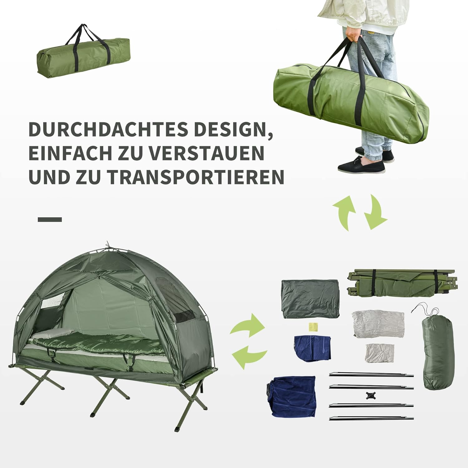 Outsunny Lettino da campeggio 4 in 1 Set da campeggio con tenda Sacco a pelo Materasso pieghevole, Verde scuro