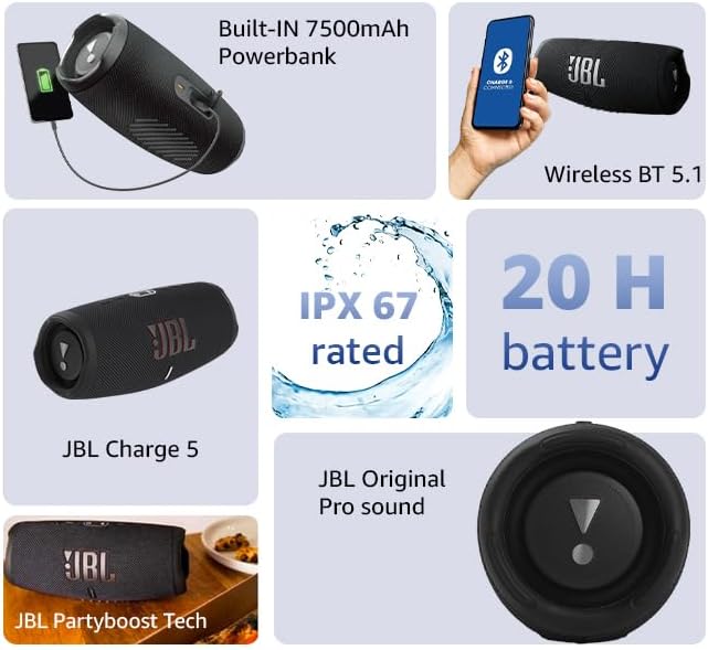 JBL Charge 5 altoparlante Bluetooth nero – Boombox portatile e impermeabile con power bank integrato – Fino a 20 ore di riproduzione musicale wireless con una sola carica della batteria