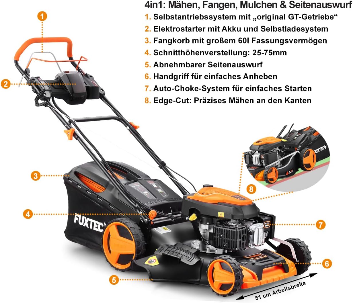 FUXTEC Tosaerba a Benzina 4in1 FX-RM5196eSPRO con Avviamento Elettrico e Trazione Regolabile, Rasaerba con Paraurti Anteriore, Larghezza di Taglio 51 cm, Ruote Big Wheel con Cuscinetti a Sfera, Cesto Raccoglierba da 60L