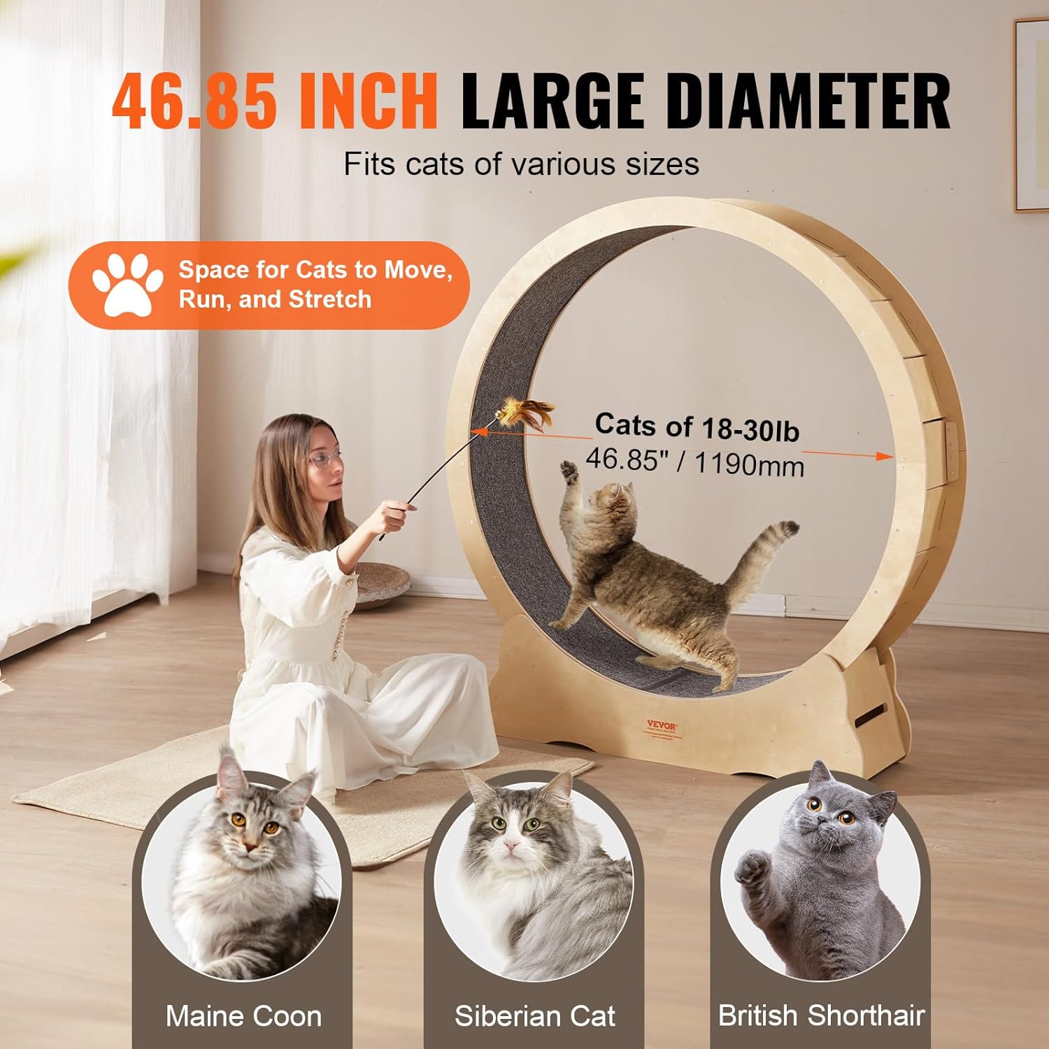 VEVOR Katzenlaufrad 1320x340x1415mm Laufrad Katzen aus Birken-& Pappelsperrholz Katzenrad Geruscharm Abnehmbare Innenmatte Cat Wheel Geeignet für Katzen mit einem Gewicht von 8kg bis 14kg