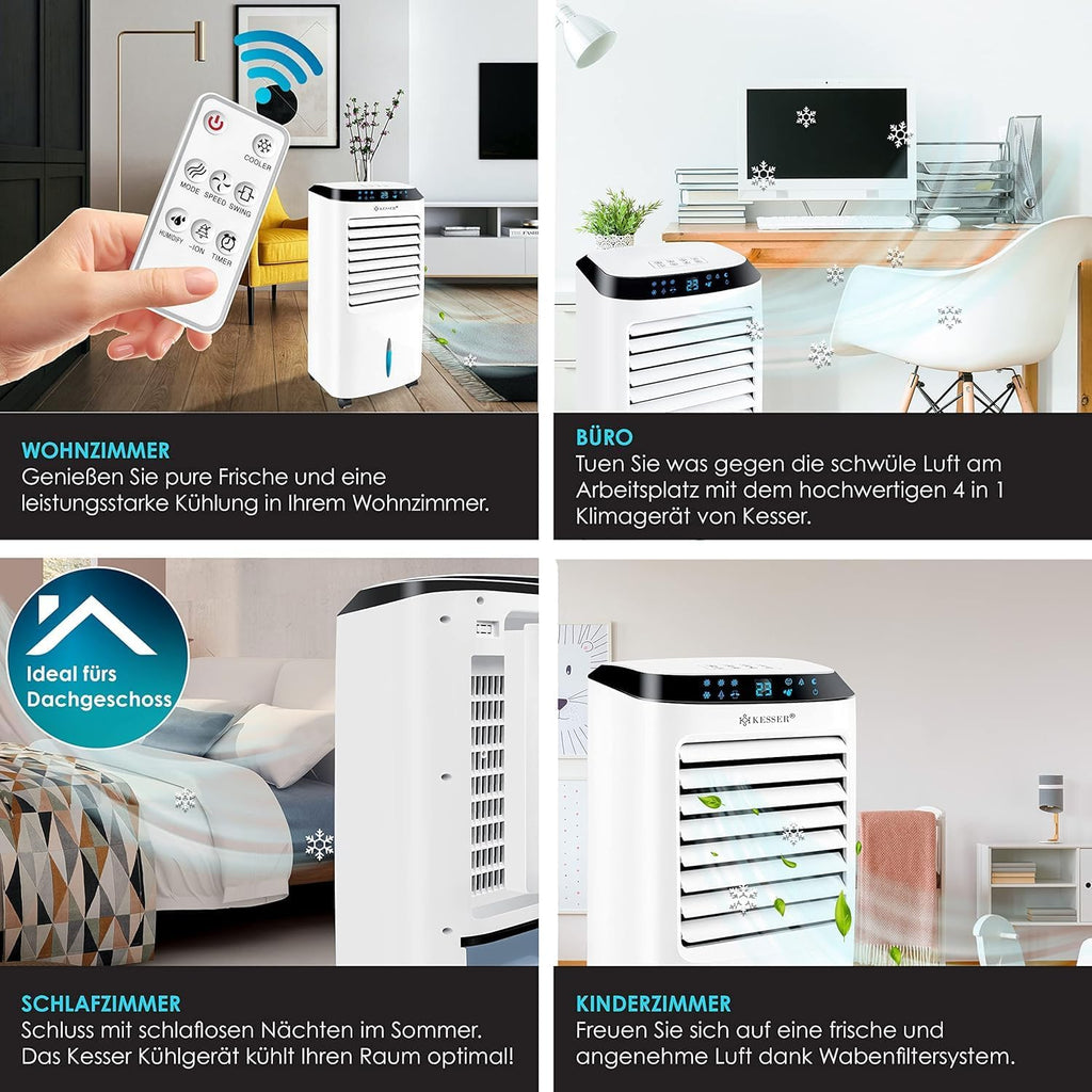 KESSER Climatizzatore Portatile 4in1 | Telecomando | Unità di Climatizzazione | Ventilatore per Climatizzatore | Timer | 3 Livelli | Ionizzatore Umidificatore | Raffreddatore d'Aria |