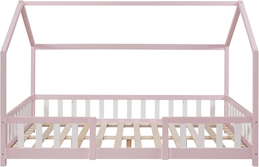 [en.casa] Letto per bambini Sisimiut a capanna 80 x 160 cm con protezione anticaduta letto in legno per bambini letto a terra rete a doghe in legno di pino Bianco opaco