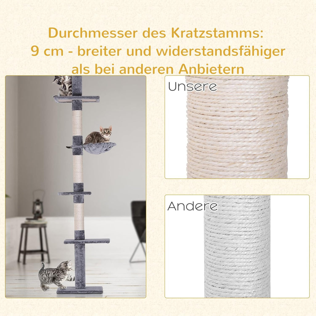 PawHut Katzenbaum mit Laufrad 4-Stock Kratzbaum Katzenhaus mit Sisalsäulen Katzenhöhle Kiefernholz Natur 80 x 50 x 143 cm