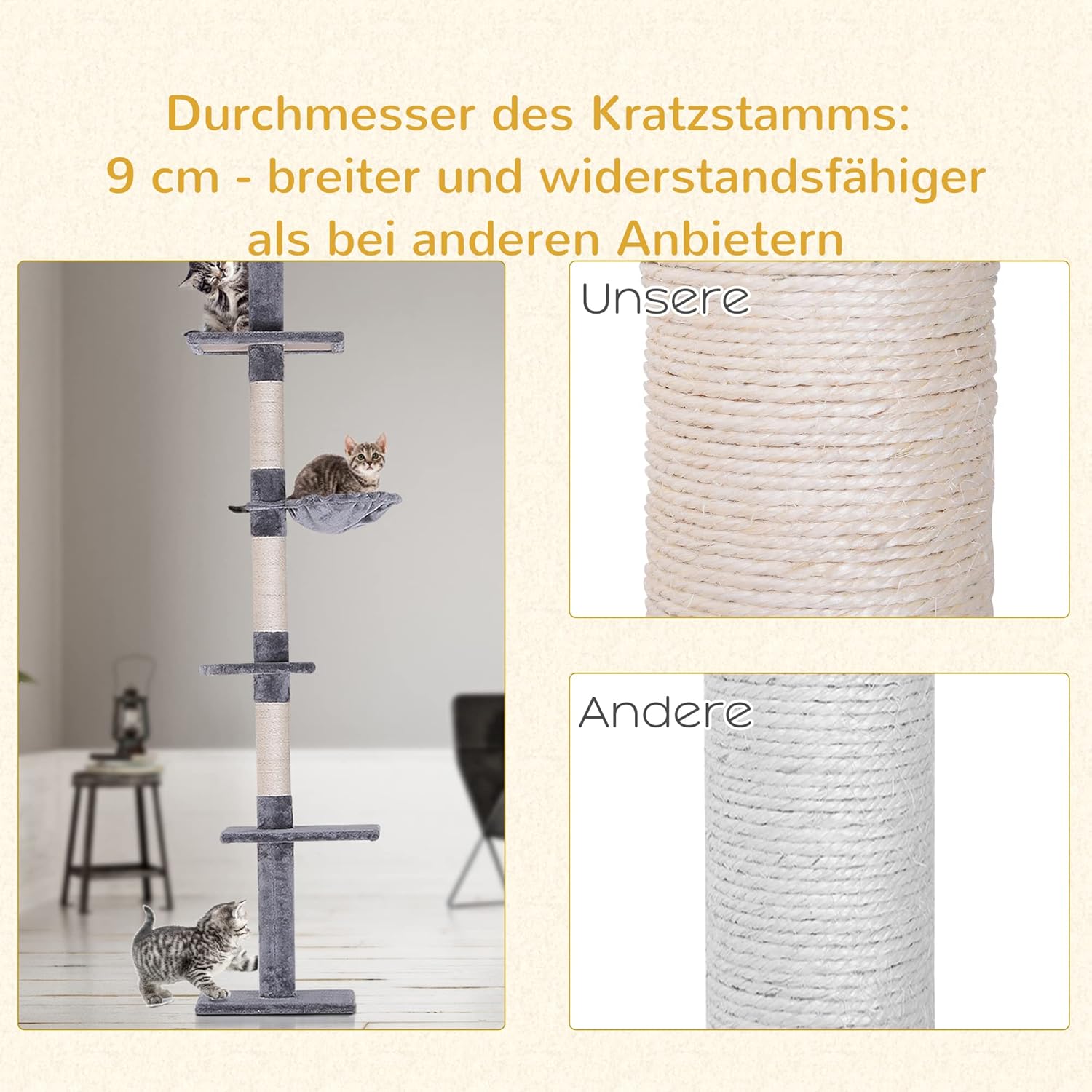 PawHut Katzenbaum mit Laufrad 4-Stock Kratzbaum Katzenhaus mit Sisalsäulen Katzenhöhle Kiefernholz Natur 80 x 50 x 143 cm