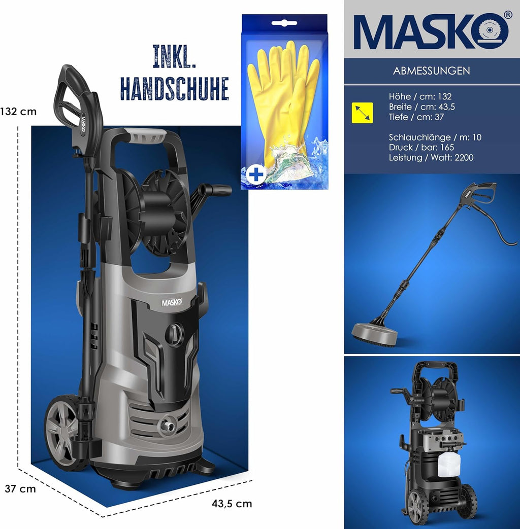 MASKO® Idropulitrice 2200 Watt 165 bar 450 l/h, con avvolgitubo 10m, set accessori 9 pezzi, con serbatoio per sapone e ugello schiumogeno, pistola ad alta pressione per auto/recinzioni/giardino/pati (Grigio)