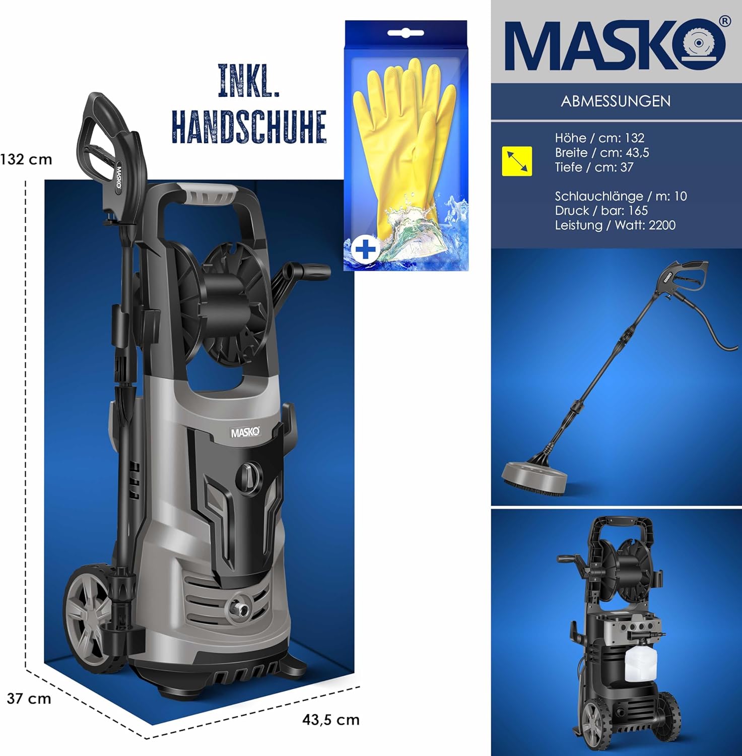MASKO® Idropulitrice 2200 Watt 165 bar 450 l/h, con avvolgitubo 10m, set accessori 9 pezzi, con serbatoio per sapone e ugello schiumogeno, pistola ad alta pressione per auto/recinzioni/giardino/pati (Grigio)
