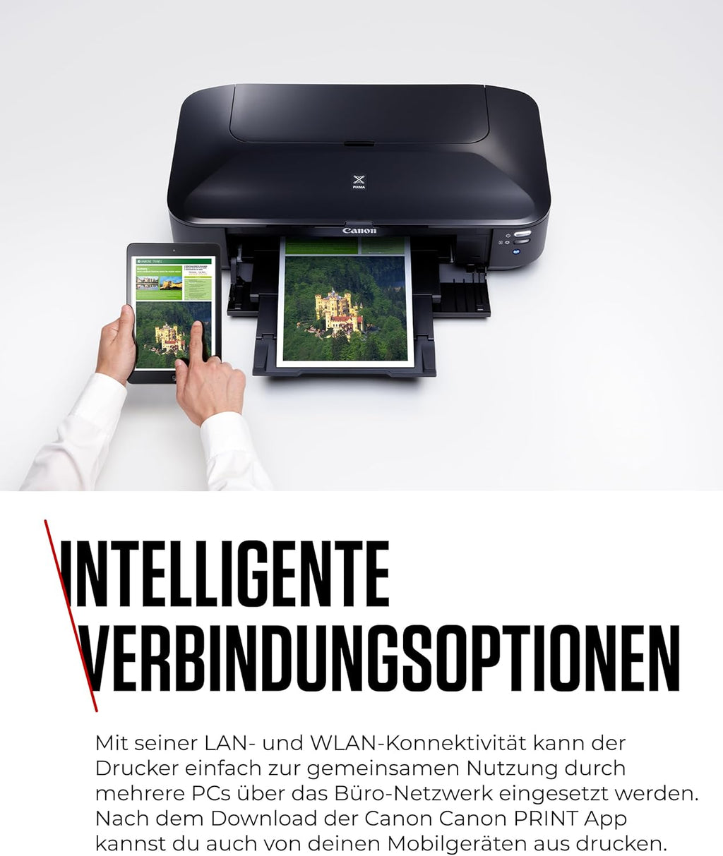 Canon PIXMA iX6850 Stampante Multifunzione a Getto d'Inchiostro a Colori A3+ (Stampante per Ufficio, Stampa Fotografica, Stampa Testo, 9.600 x 2.400 DPI, WiFi, WLAN, USB, 5 Inchiostri Separati, Stampa Diretta, App di Stampa) Nera