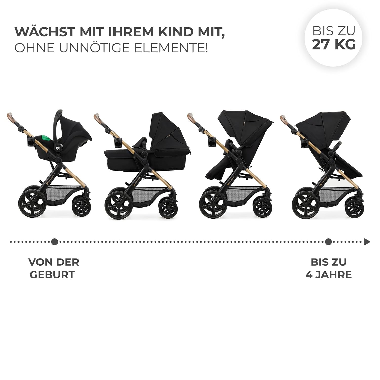 Kinderkraft MOOV2 AIR Passeggino 3 in 1 Set Passeggino fino a 26 kg con seggiolino auto I-SIZE 40-75 cm, funzione passeggino, schienale reclinabile, ampia capottina estensibile, ruote gonfiabili, nero