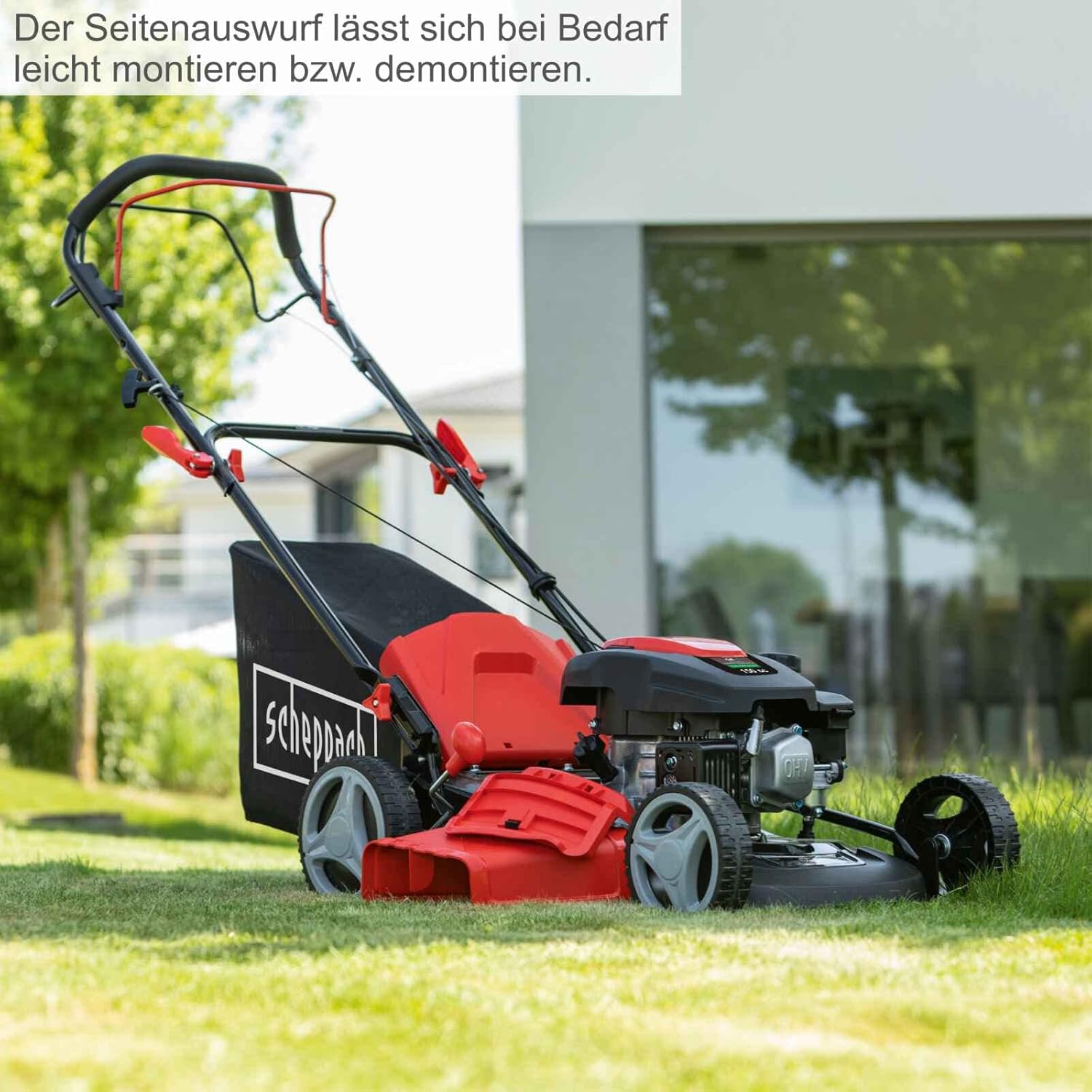 Scheppach MS161-46 Tosaerba a benzina - Larghezza di taglio 46 cm | Sacco di raccolta da 55 litri | Telaio in acciaio | Regolazione altezza a 7 livelli | Funzione mulching | Trazione | Scarico laterale | incl. olio motore