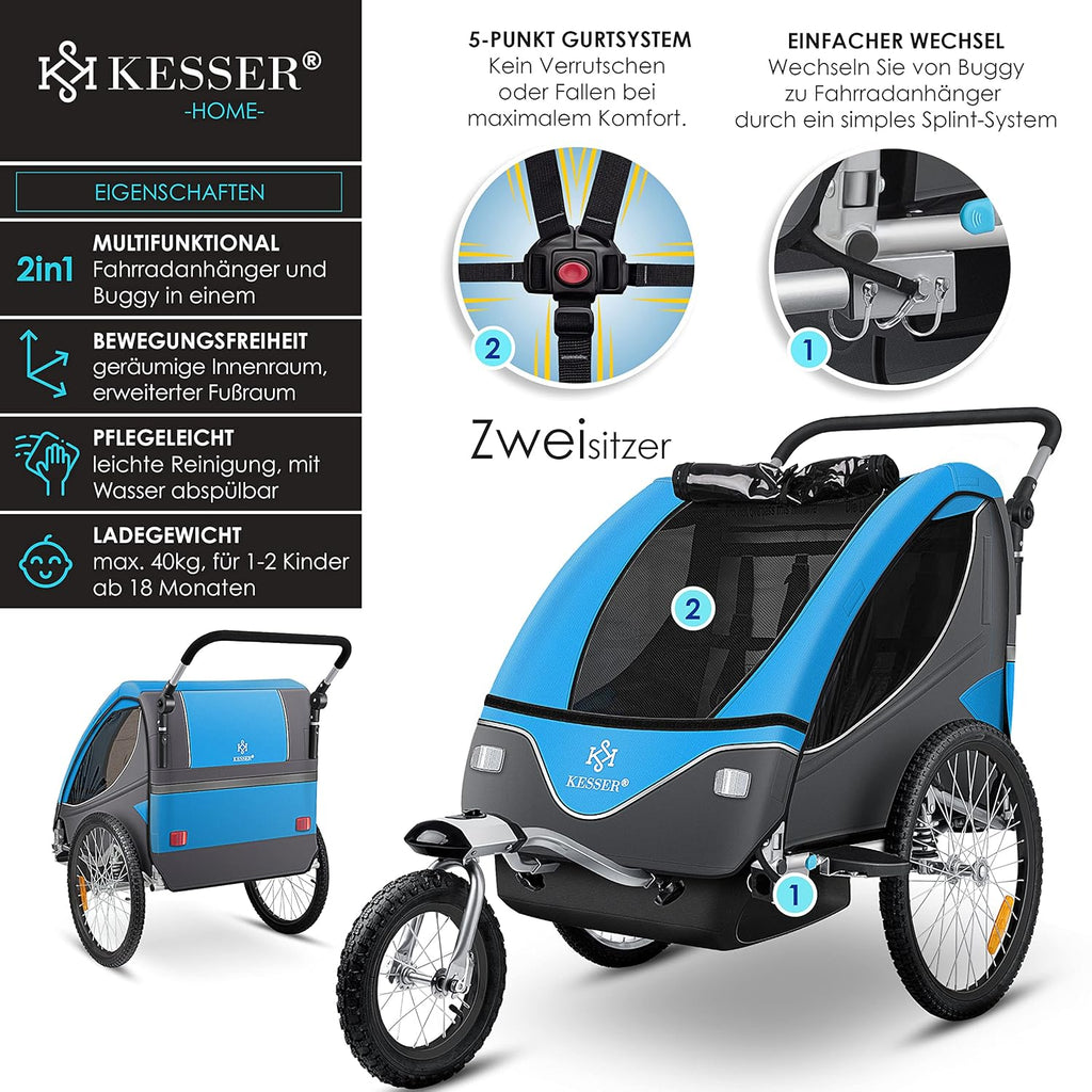 KESSER® Kinderanhänger Fahrradanhänger 360° Drehbar mit Federung 2in1 Joggerfunktion Kinderfahrradanhänger + 5-Punkt Gurt Jogger Fahrrad Anhänger für 1 bis 2 Kinder max. 40kg Inkl. Warnfahne, Schwarz