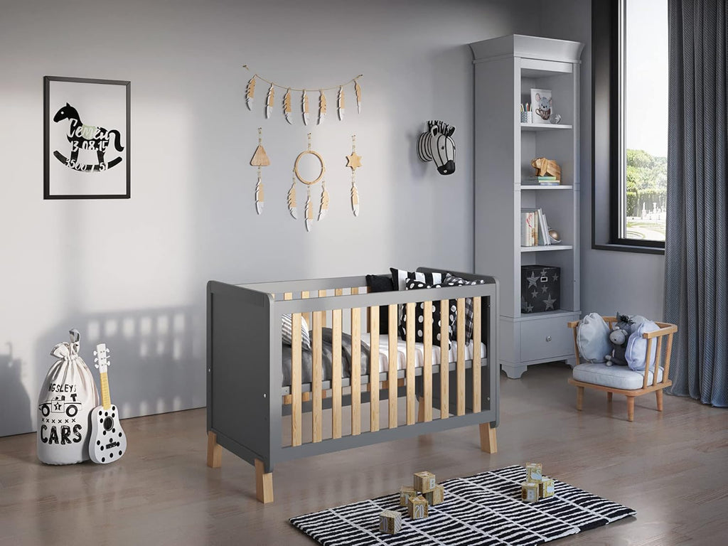 Love For Sleep Babybett Beistellbett 120x60cm mit Schaumstoffmatratze Aloe Vera Grau-Kiefer Francis Kinderbett Baby Bett Holz - Kinderbett Babybett, Mitwachsend Gitterbett Baby Bed