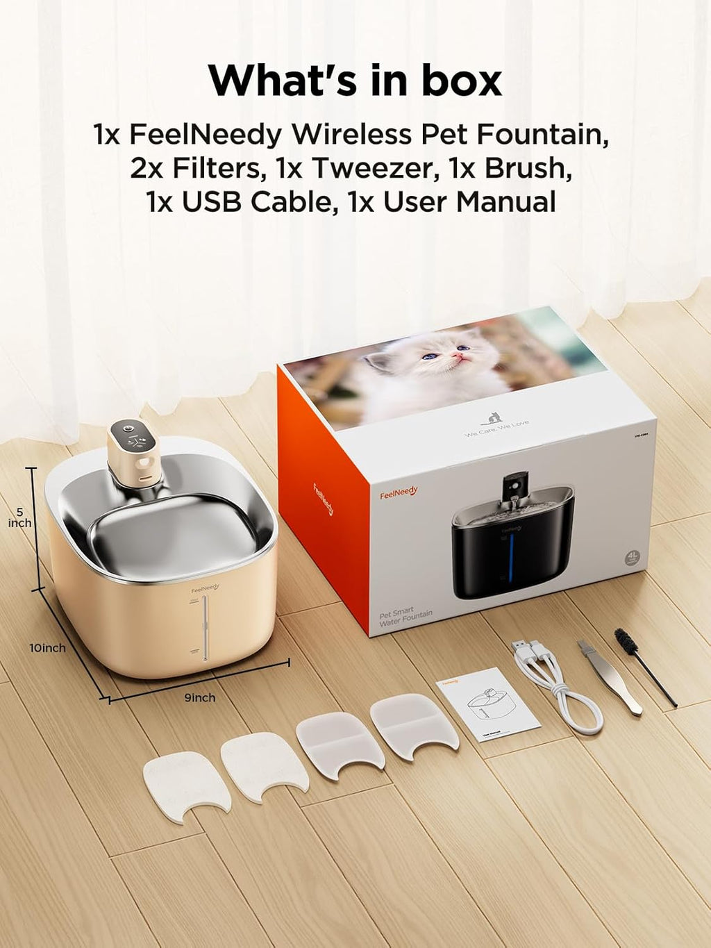 Fontana per Gatti Senza Fili con Sensore di Movimento a Batteria da 4000mAh, Fontana d'Acqua Silenziosa da 4L FEELNEEDY con Sensore di Movimento per Gatti e Cani Piccoli, Vasca d'Acqua in Acciaio Inossidabile, 2 Filtri