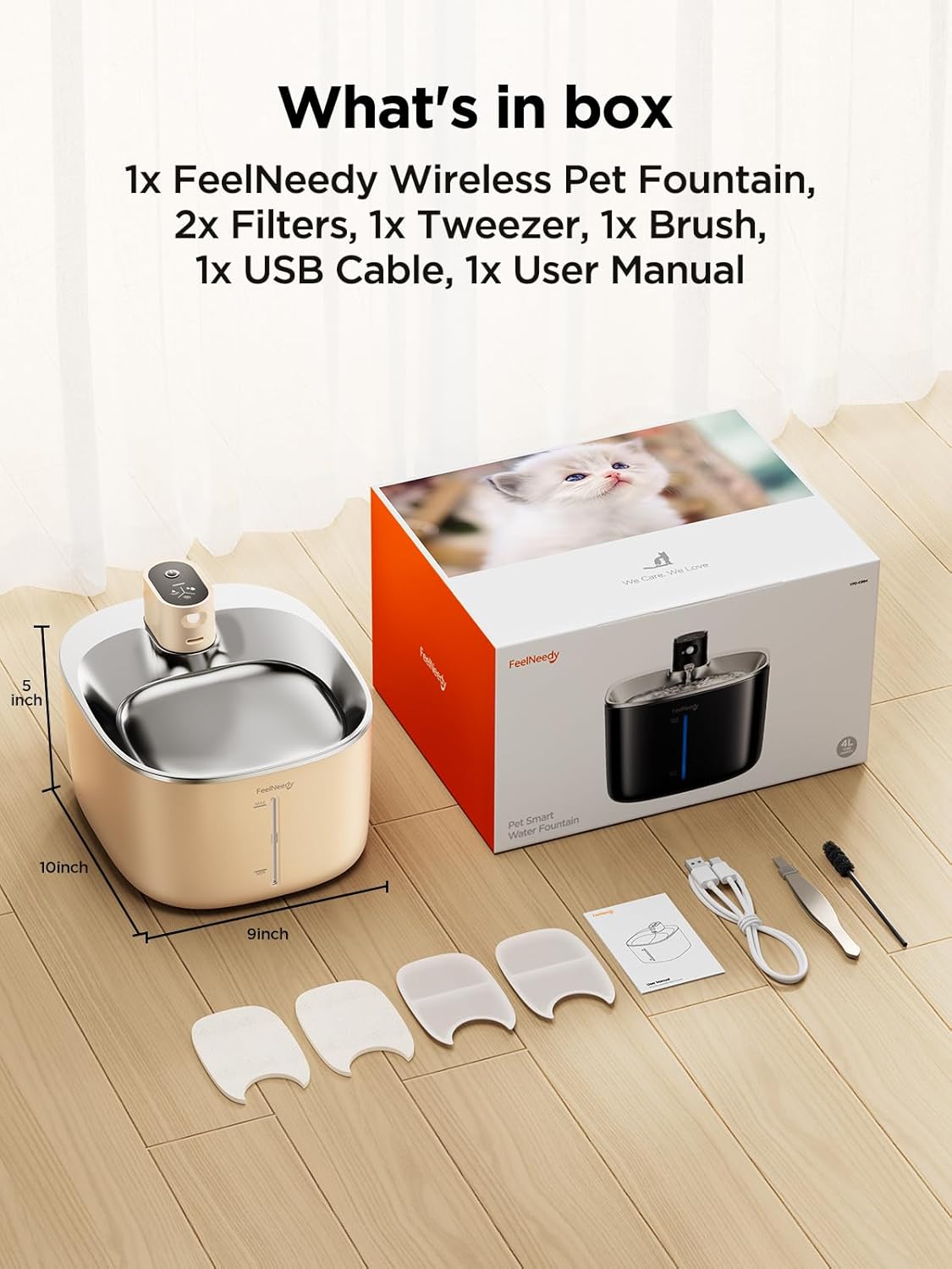 Fontana per Gatti Senza Fili con Sensore di Movimento a Batteria da 4000mAh, Fontana d'Acqua Silenziosa da 4L FEELNEEDY con Sensore di Movimento per Gatti e Cani Piccoli, Vasca d'Acqua in Acciaio Inossidabile, 2 Filtri