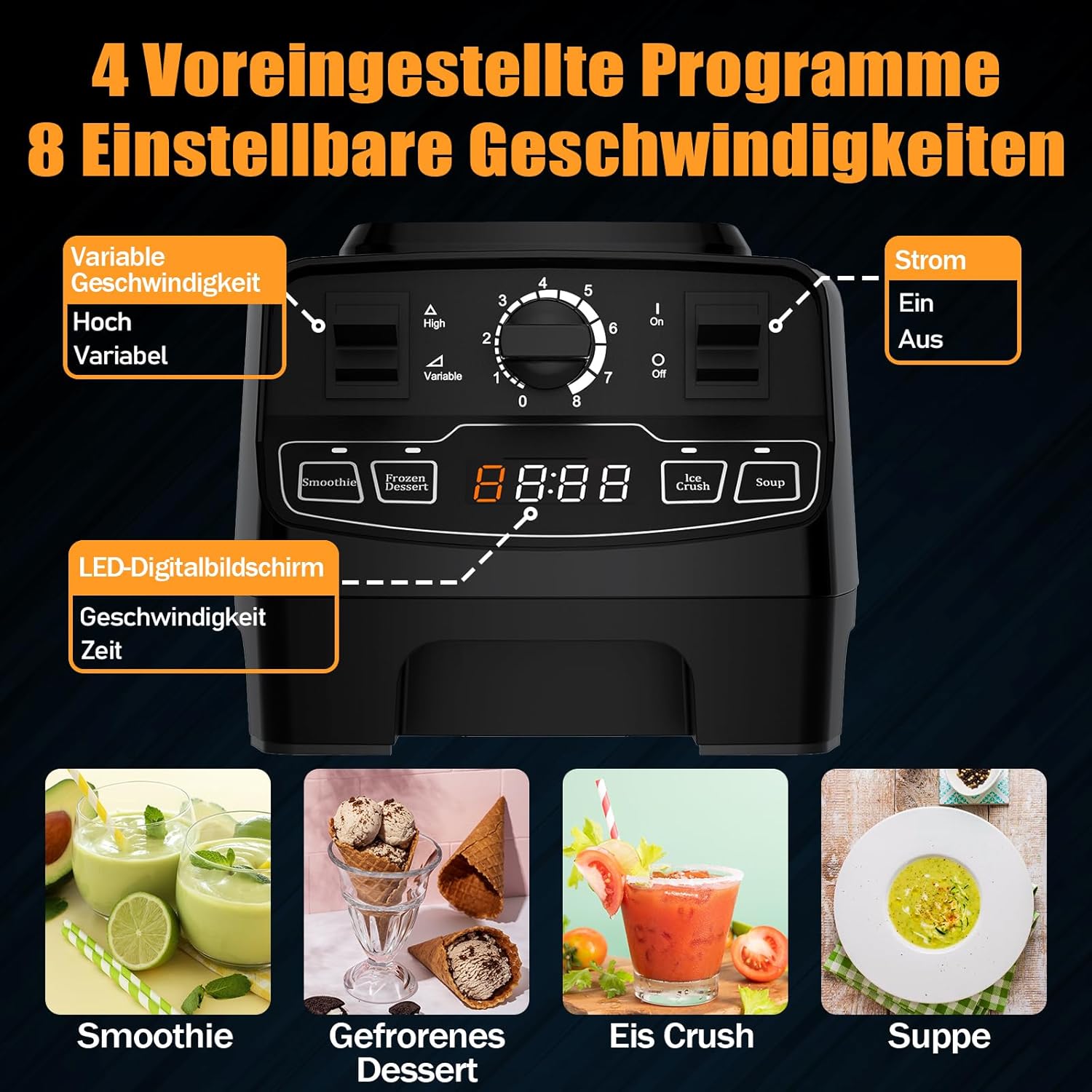 Enfmay Frullatore per Smoothie, Mixer ad Alta Potenza da 2000W con 4 Programmi, 8 Velocità, Display LCD del Tempo, Frullatore da Tavolo da 33000 Giri/min con Contenitore in Tritan da 2L Senza BPA, per Smoothie/Zuppe/Dessert