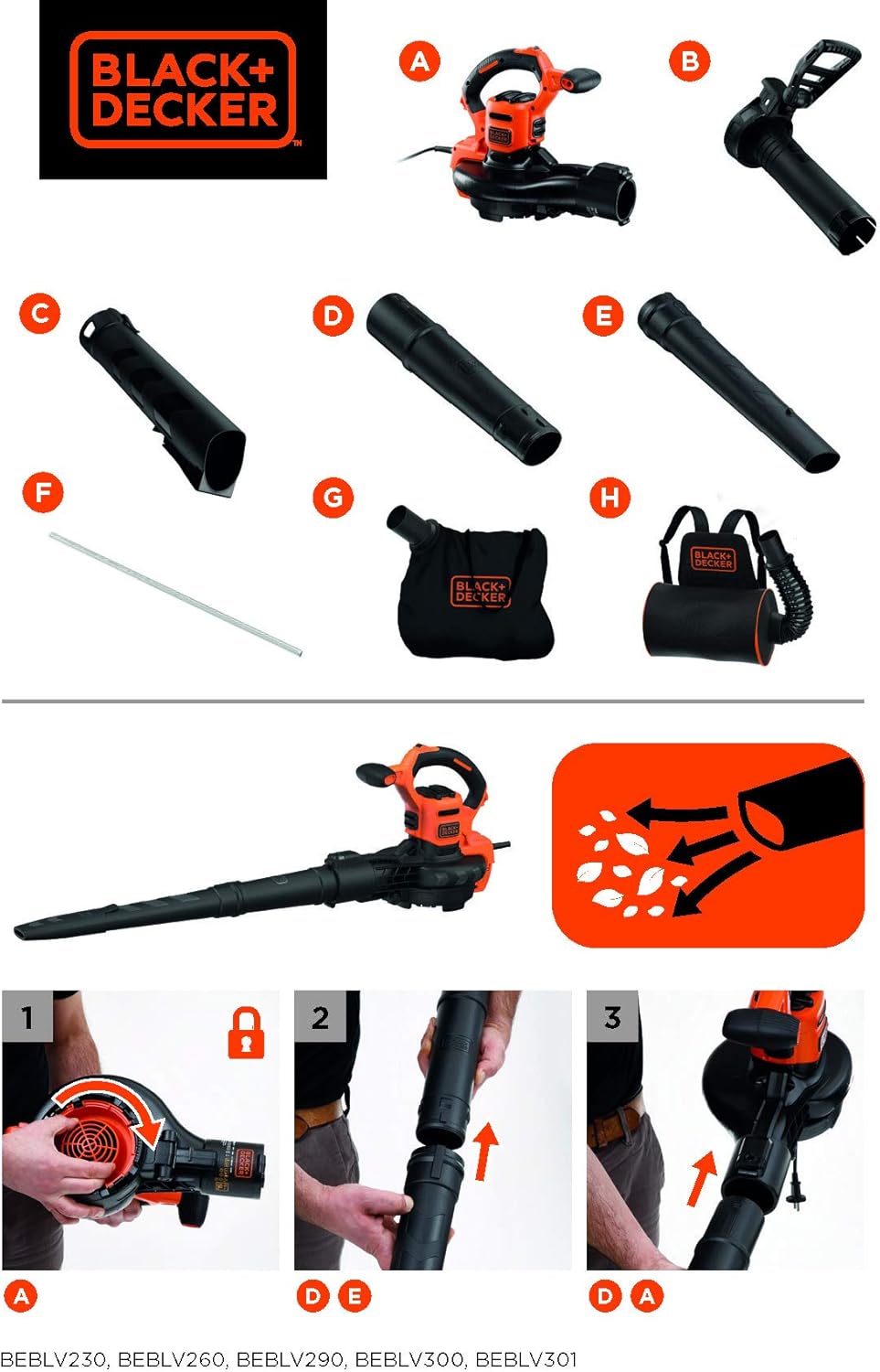 Black+Decker Aspiratore/Soffiatore Elettrico 3-in-1 BEBLV301 (3.000 Watt, con trituratore + rastrello raccogli foglie attaccabile, zaino raccogli foglie da 72l – elevata velocità di soffiaggio e potenza di aspirazione regolabile)