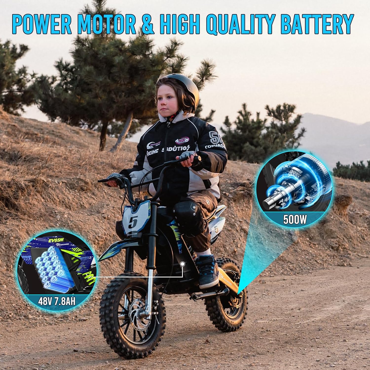EVERCROSS EV65M Elektro Motorrad, Elektro Motocross mit 48V 7.8Ah, 10/20/30 KMH Geschwindigkeitsmodus, 500W Motor, 14''Luftreifen, Doppelte Stoßdämpfung,Elektromotorrad für Alter 12+ Jahren