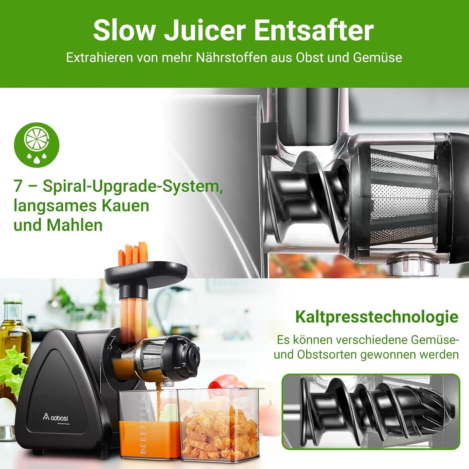 【Neues】Entsafter AOBOSI-Slow juicer mit 2 Geschwindigkeitsstufen-Entsafter gemüse und obst mit 8 stufiger Schnecke-Saftpresse mit Reinigungsbürste&2 Bechern-Obstpresse mit Reversierfunktion