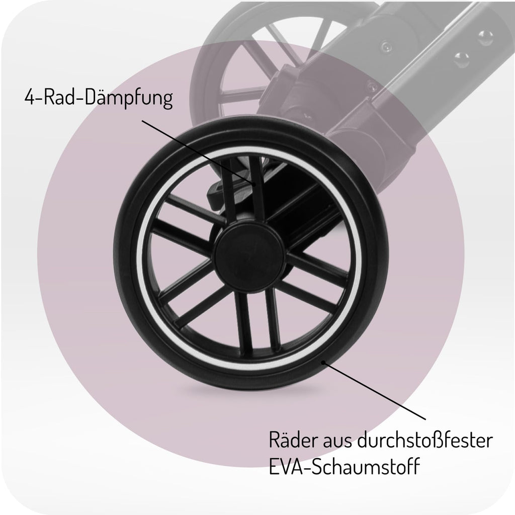 MOMI ESTELLE Kinderwagen für Kinder ab 6 Monat bis zu max körpergewicht von 15 kg, klappbar auf die Maße 65 x 51 x 21 cm, gewicht 7,5 kg, 5-Punkt-Sicherheitsgurt, koffer, grau-gold, Räder 6''/6,5''