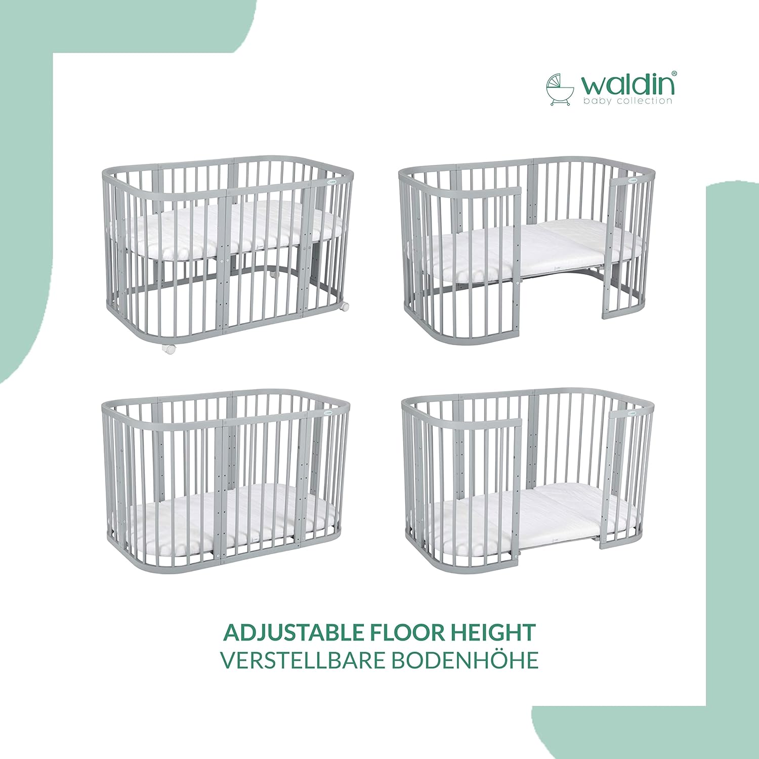 Waldin Lettino per bambini in legno 7in1 con materasso, Letto "Cresci con me", Ventilato, Base regolabile in 5 altezze, Set All-Inclusive, Legno Bianco