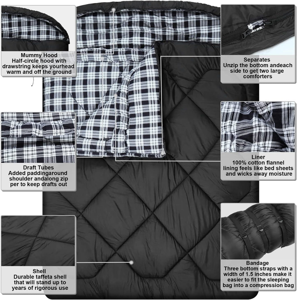 Mcota Winter 0 Grad Doppelschlafsack, Queen-Size-Größe, Schlafsack mit 100% Baumwoll-Flanellfutter, warm und wasserdicht, für 2 Personen Schlafsack für Camping, Angeln oder Jagd bei kaltem Wetter