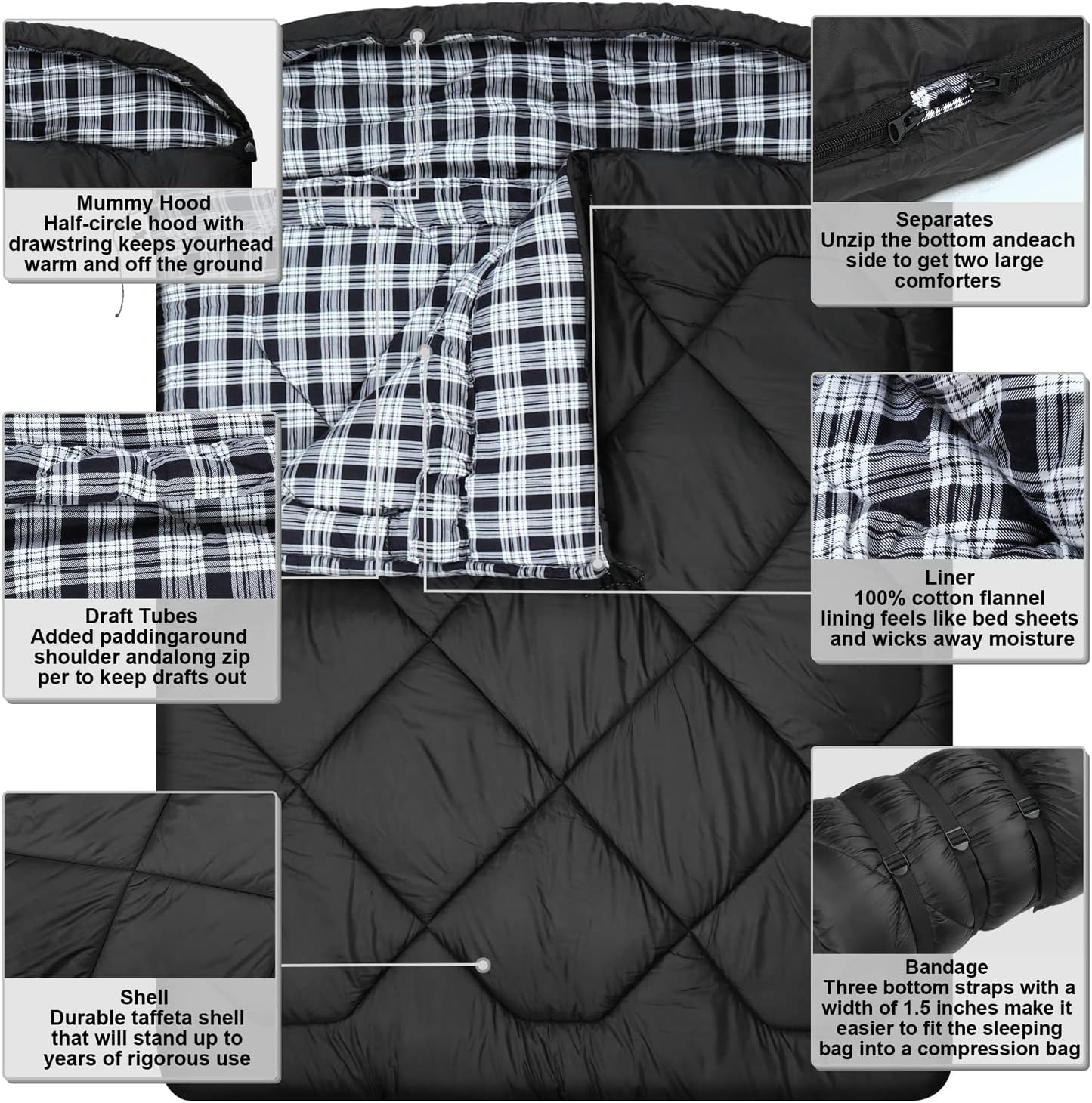 Mcota Winter 0 Grad Doppelschlafsack, Queen-Size-Größe, Schlafsack mit 100% Baumwoll-Flanellfutter, warm und wasserdicht, für 2 Personen Schlafsack für Camping, Angeln oder Jagd bei kaltem Wetter