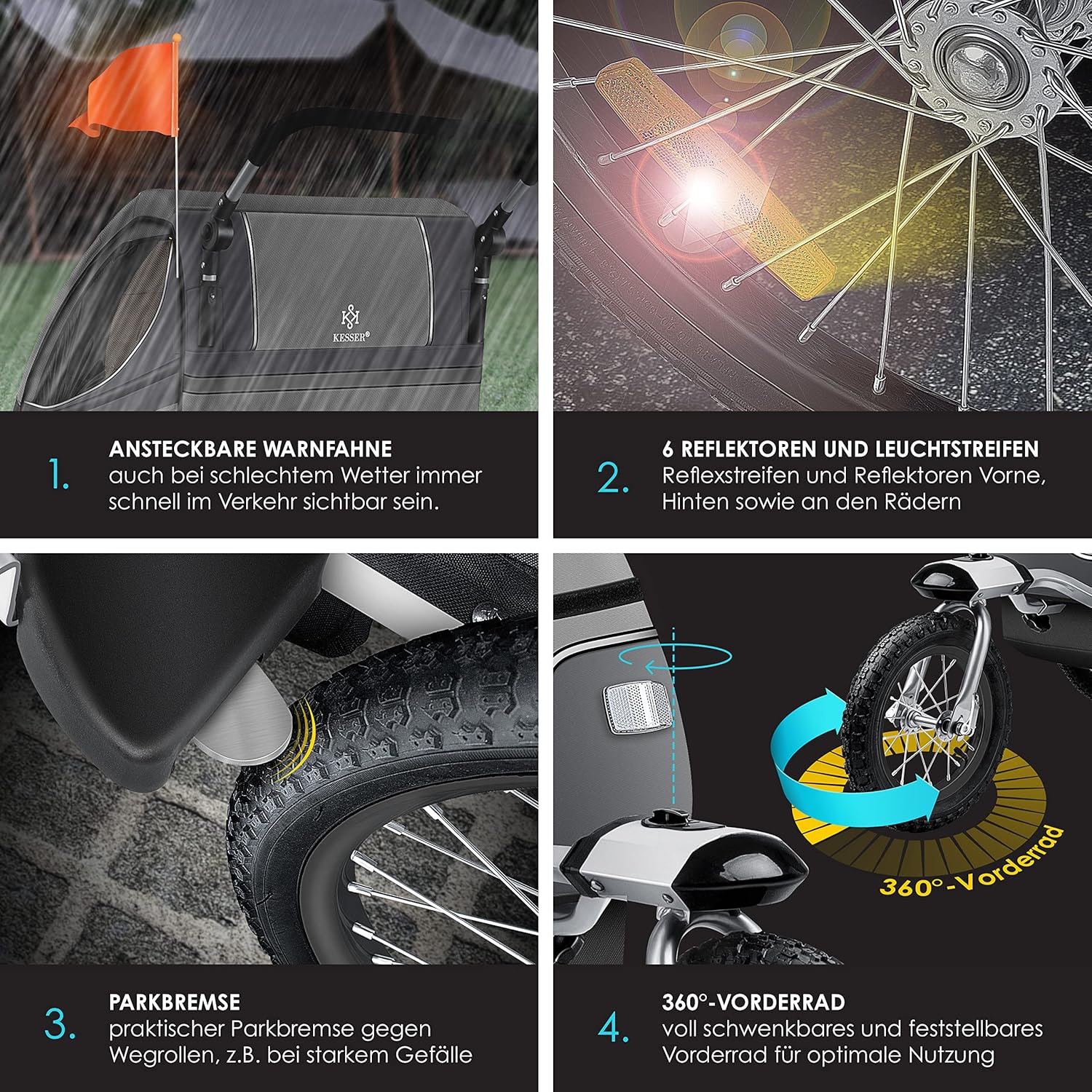 KESSER® Kinderanhänger Fahrradanhänger 360° Drehbar mit Federung 2in1 Joggerfunktion Kinderfahrradanhänger + 5-Punkt Gurt Jogger Fahrrad Anhänger für 1 bis 2 Kinder max. 40kg Inkl. Warnfahne, Schwarz