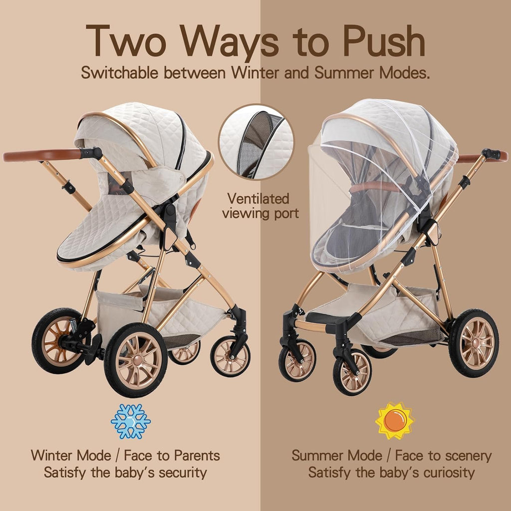 Gcarebb Passeggino 3 in 1, Buggy con Ovetto, Set Completo Passeggino Regolabile in Altezza, Passeggino Combinato con Telaio in Alluminio per Neonati 0-4 Anni