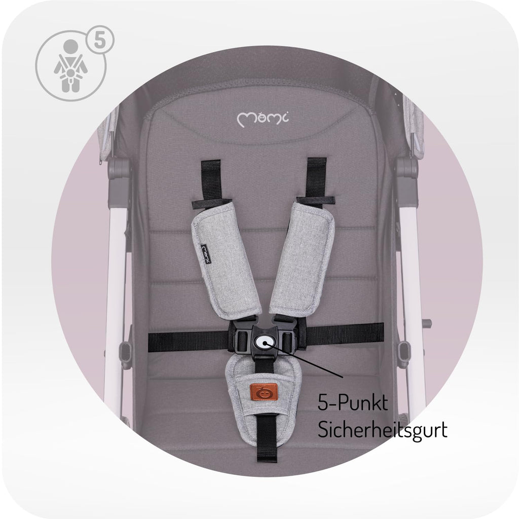 MOMI ESTELLE Kinderwagen für Kinder ab 6 Monat bis zu max körpergewicht von 15 kg, klappbar auf die Maße 65 x 51 x 21 cm, gewicht 7,5 kg, 5-Punkt-Sicherheitsgurt, koffer, grau-gold, Räder 6''/6,5''