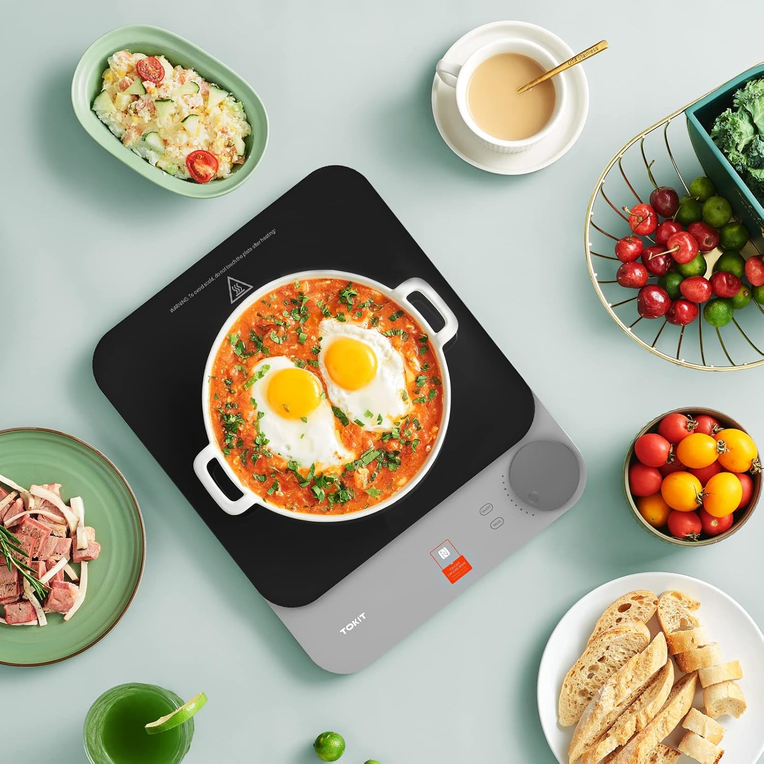 TOKIT Induktionskochfeld 2100W Einzel Induktionskochplatte tragbar 99 Leistungsstufe mit OLED Display, Timer, 20mm Ultradünn APP Kontrol Temperatursensor, aus Glas
