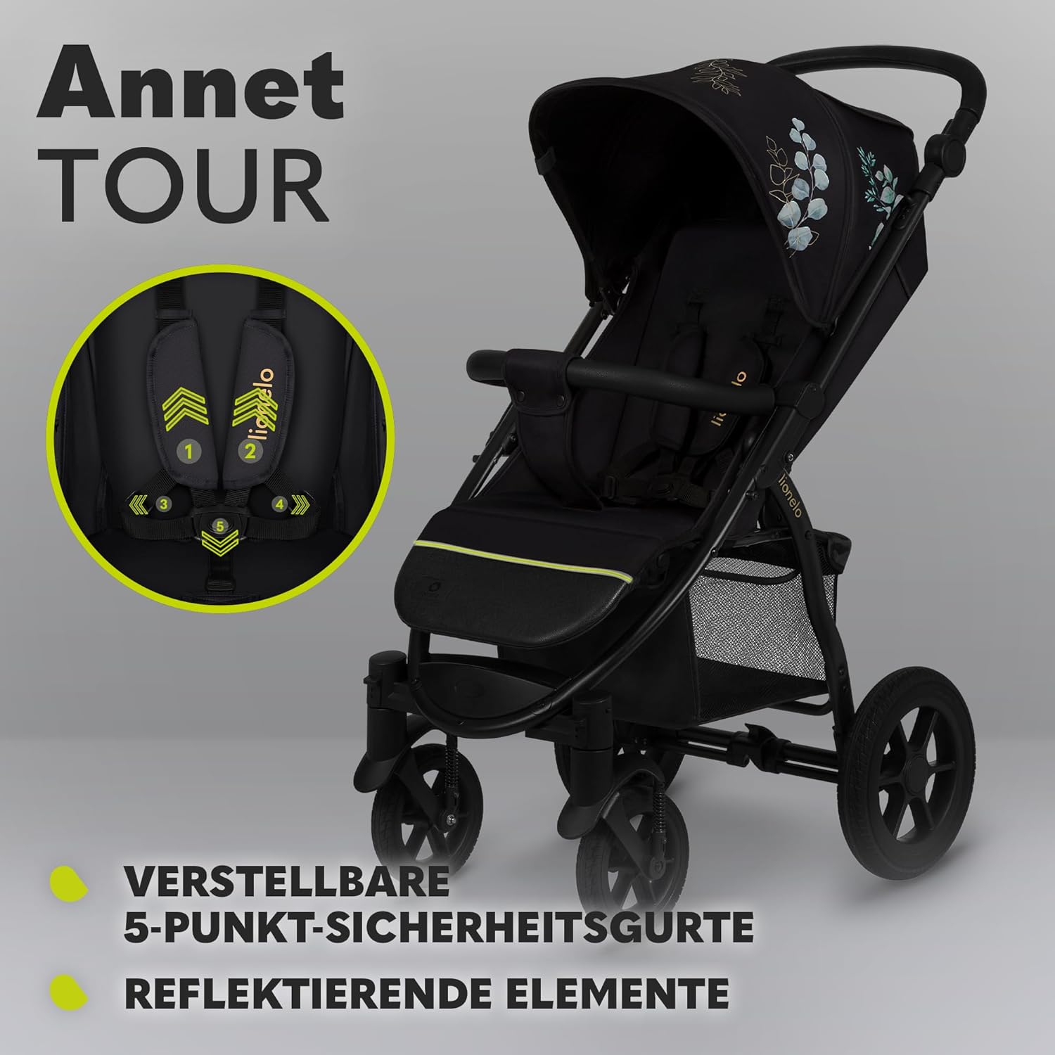 LIONELO Annet Buggy fino a 22 kg con funzione reclinabile, passeggino compatto richiudibile con accessori, ruote in schiuma EVA, zanzariera, coprigambe, portabevande, cestino (Golden Moments, Tour)